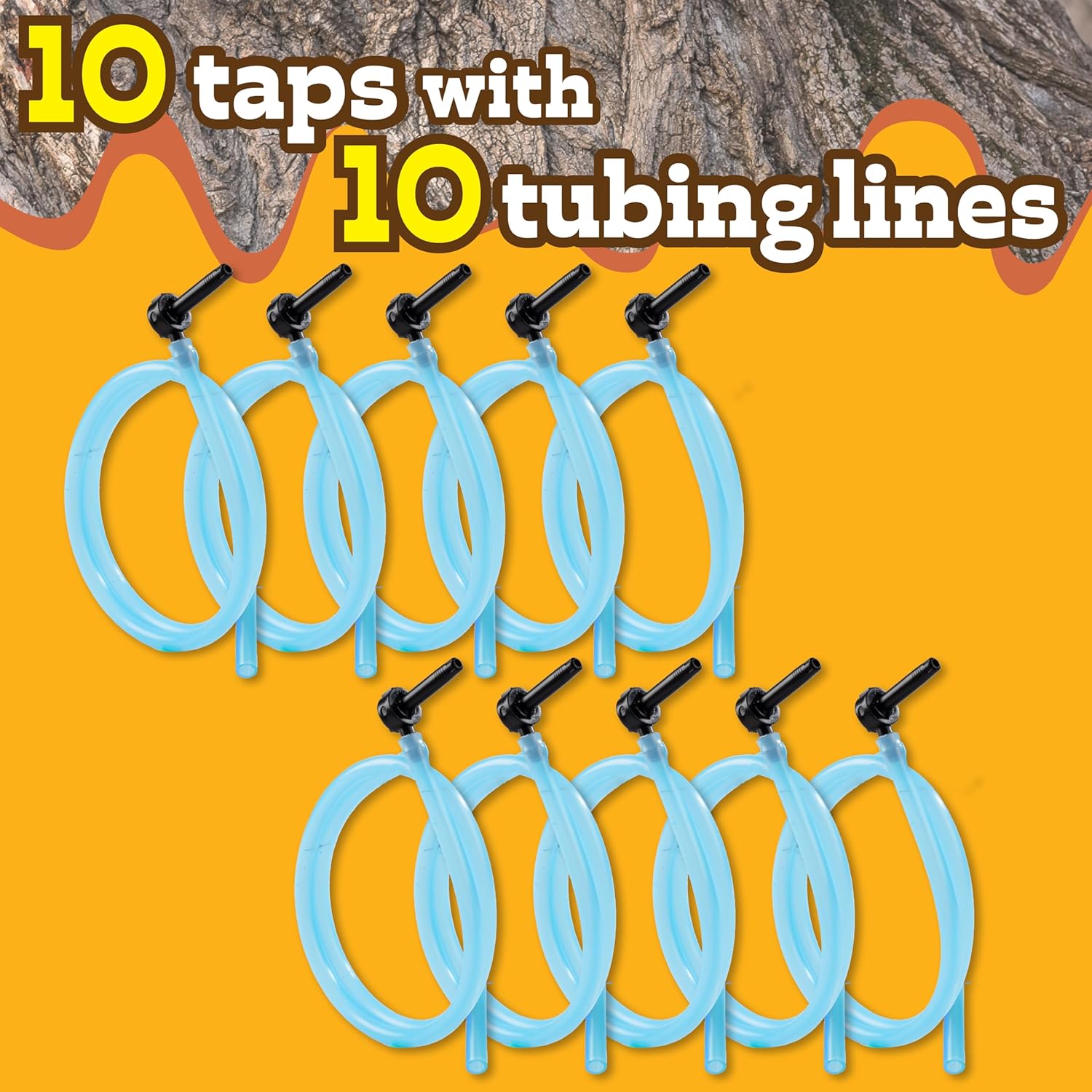 Deluxe Maple Syrup Tree Tapping & Sugaring Starter Kit-10 Taps & 10 Extra Long Food-Grade Tubing Drop Lines- Complete Set for Experts or Beginners to Start Tapping Your Own Sap- Wont Harm Trees