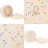 Vista 5 de Sea Team Cesta de almacenamiento redonda de cuerda de algodón con tapa, cesta de almacenamiento tejida con pompones de arcoíris coloridos, maceta