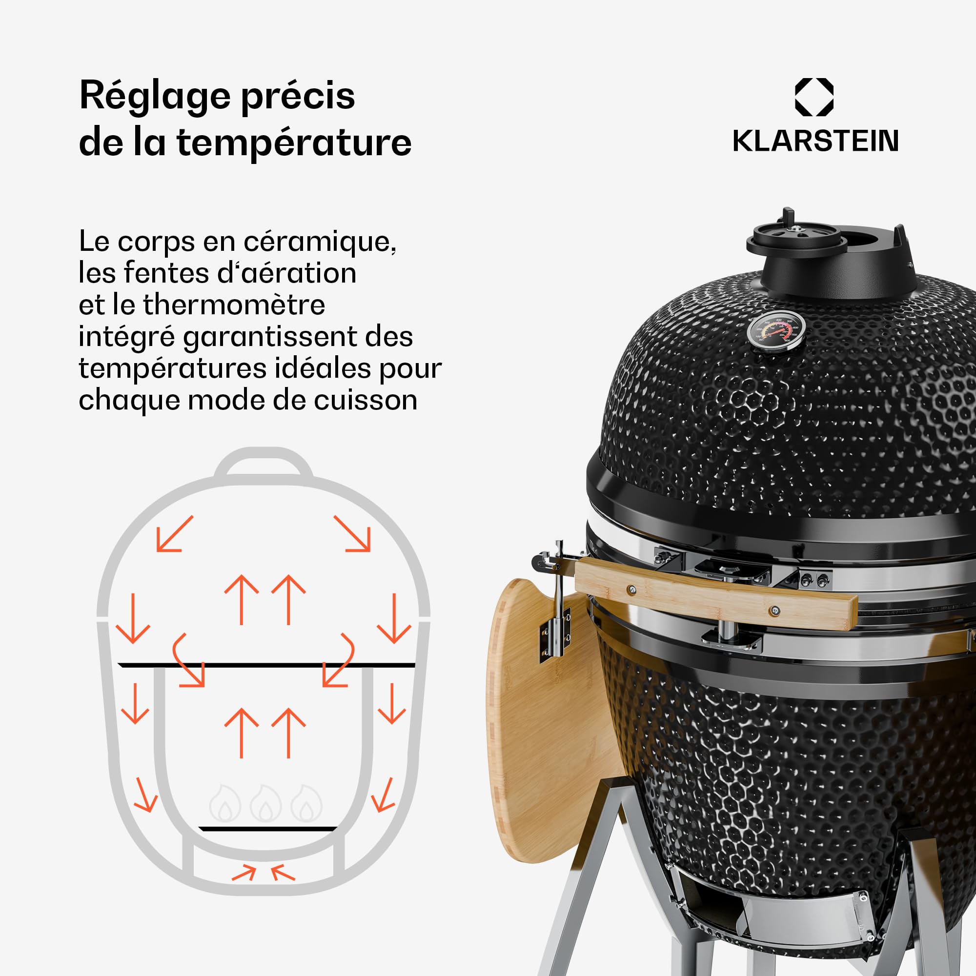 Klarstein Kamado-Grill - zum Grillen, langsamen Garen, Smoken oder Backen, abnehmbare Seitenteile, Keramik, Edelstahl, Bambus, Thermometer von 0-400 °C, 3 Rollen, 75 x 132 x 125 cm, schwarz