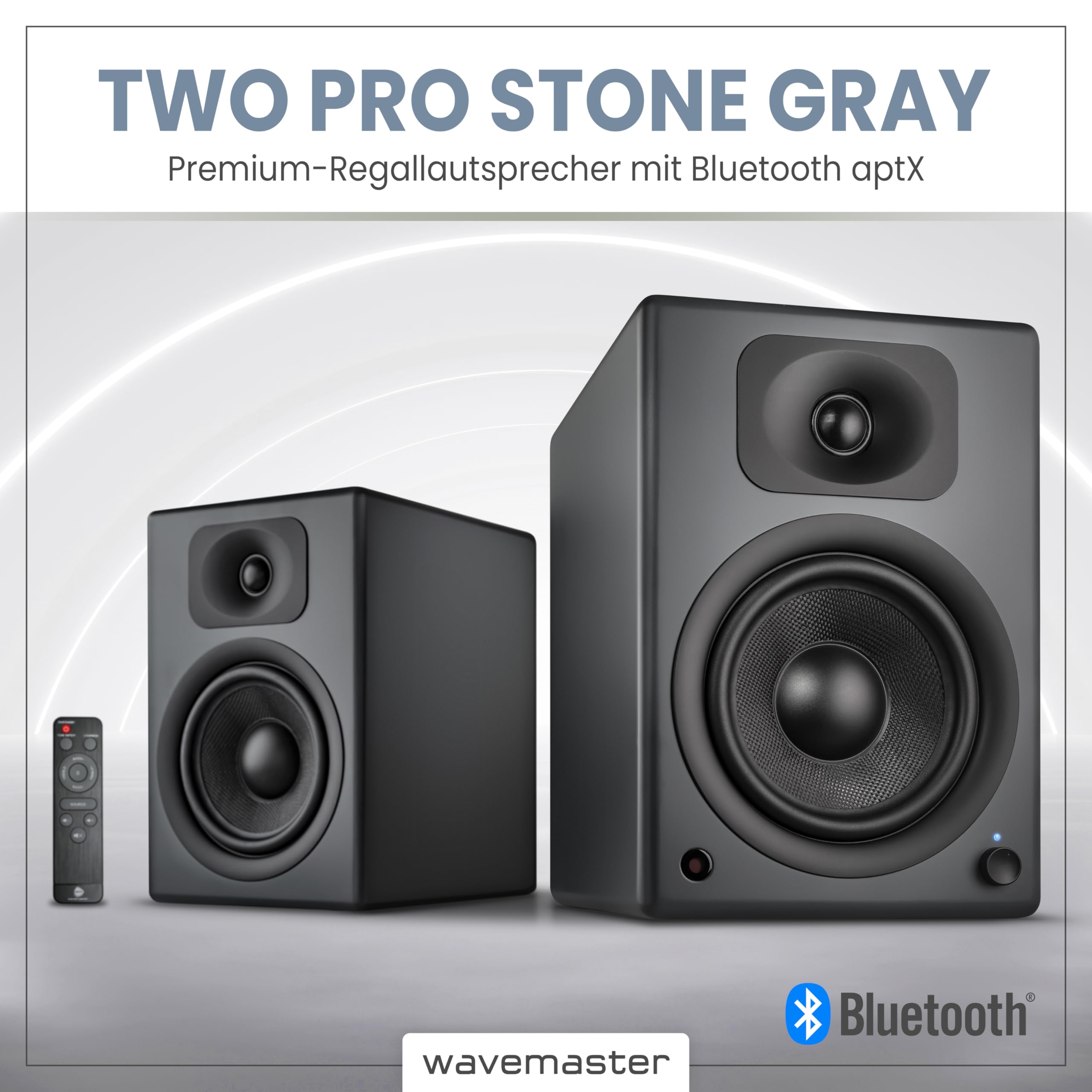 Wavemaster TWO PRO Stone Gray Aktiv-Boxen 110 Watt Bluetooth Lautsprecher-System mit IR-Fernbedienung