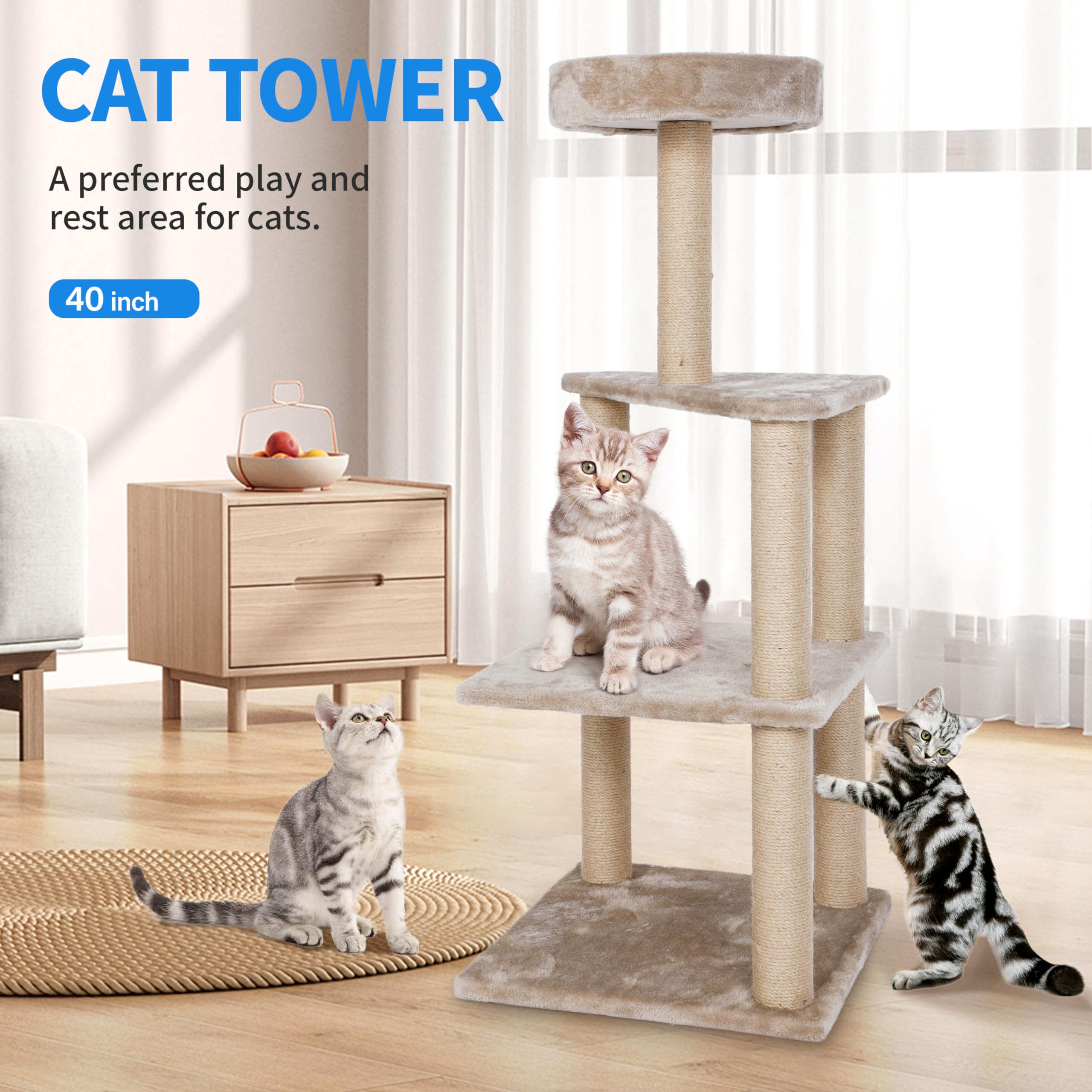 Cat Tree Tower 40 inch, Tall Cat Tree for Indoor Cats, Cat Scratching Post, 4-Layer Cat Tower for Large Cats, Beige