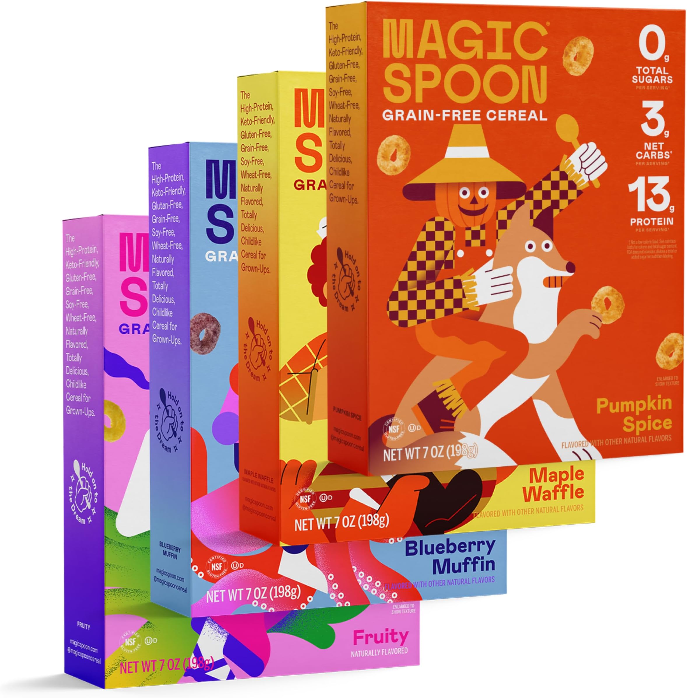 Magic Spoon Cereal - Pumpkin Spice, Maple, Waffle, Fruity, Blueberry 4-Pack of Cereal and Spoon - Keto & Low Carb Lifestyles, Gluten & Grain Free, High Protein, 0g Sugar
