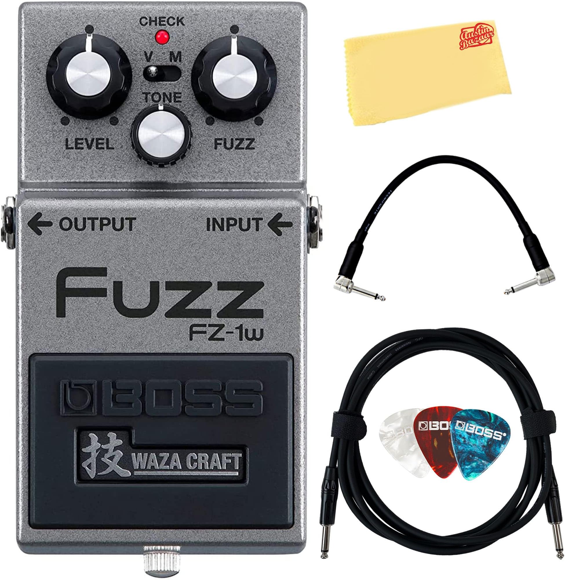FZ-1W Waza Craft Fuzz Bundle with Gearlux Instrument Cable, Patch Cable, Picks, and Austin Bazaar Polishing Cloth