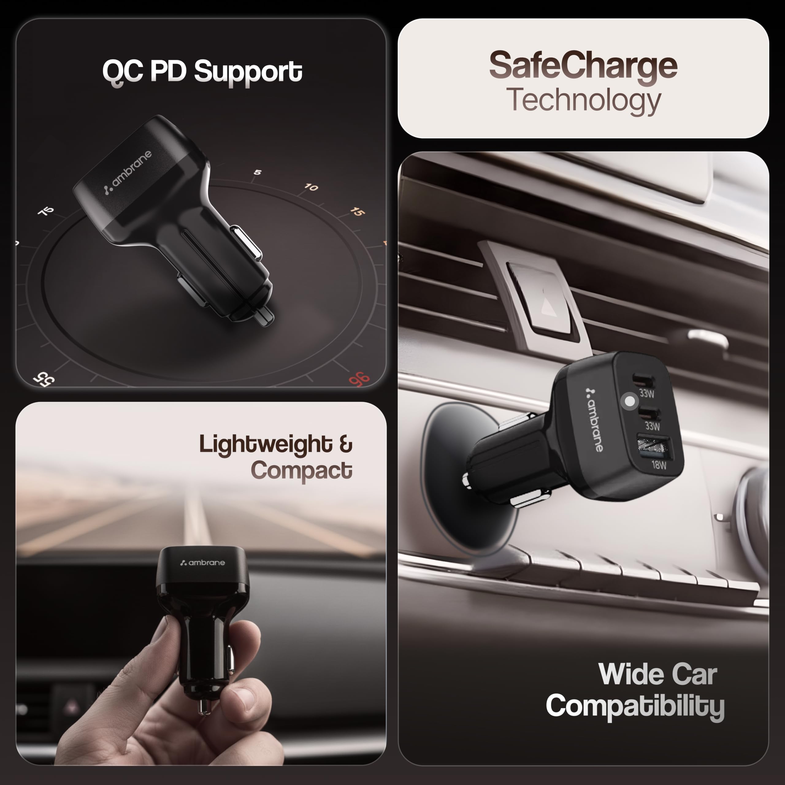 Ambrane 84W Triple Output Fast Car Charger with 2 Type-C & 1 USB, 33W Type C Charging with PD Technology, Fast Charging Adapter Compatible with Cars for iPhone & Android Smartphones (Charge C84,Black) — Amazon image 8
