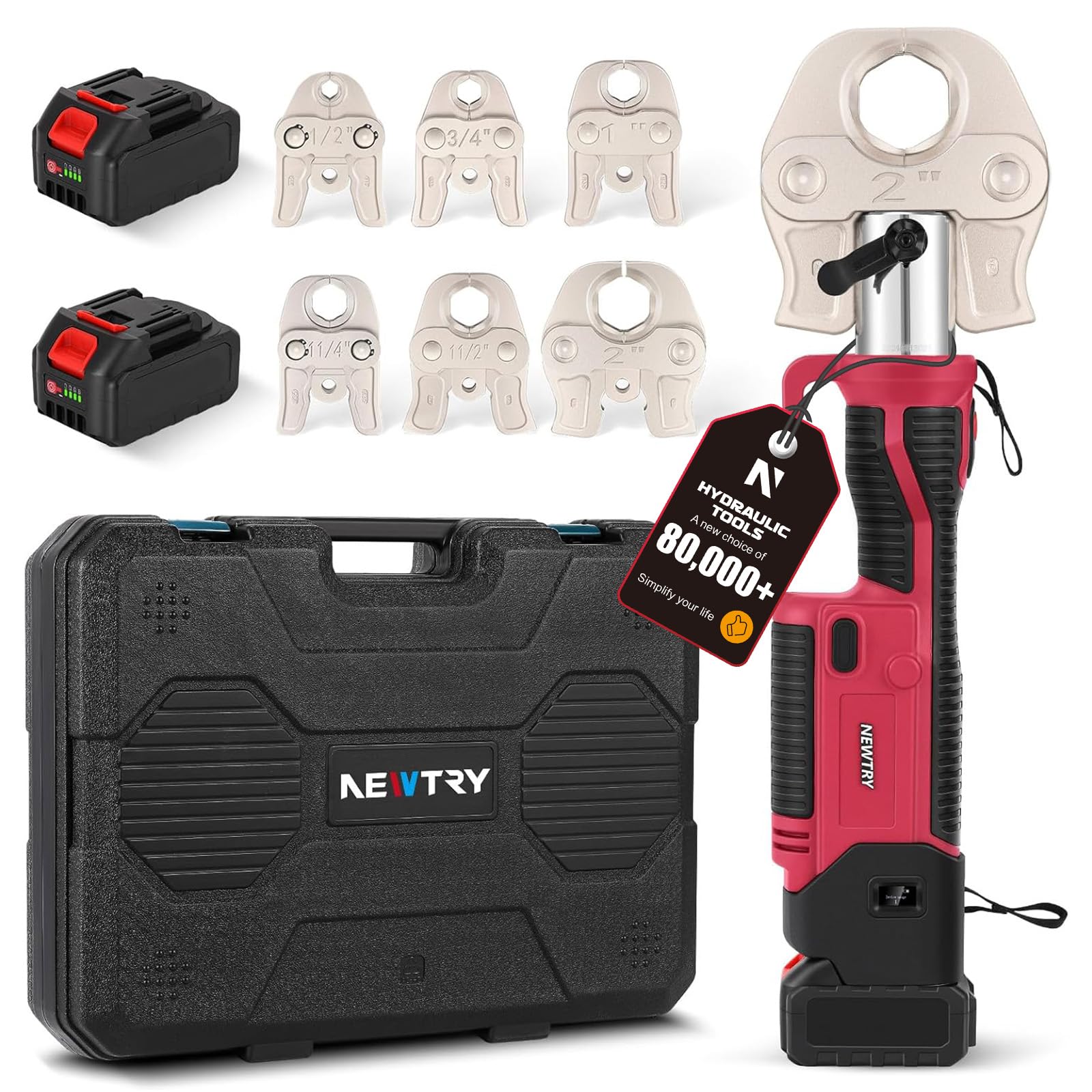 NEWTRY Pro Press Tool Kit Hydraulic Electric Pipe Crimping Tool 1/2",3/4",1",1-1/4",1-1/2", 2" Jaws 350° Rotatable Head Rechargeable 2pcs 5000mAh Batteries for Stainless Steel Copper PEX Pipes