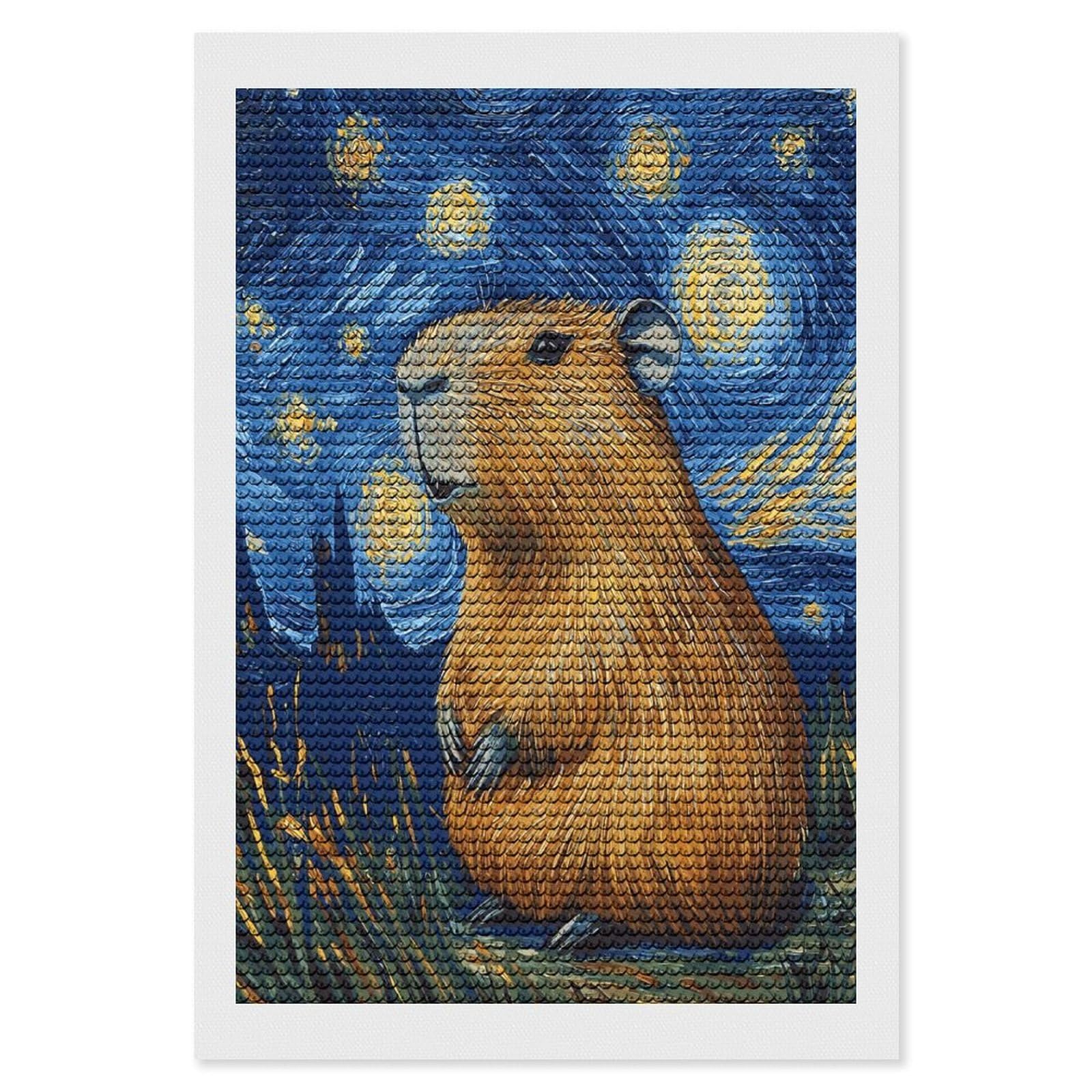 Junmoney Capybara Starry Night Diamond Art Canvas 8"x12", for Creative Relaxation, Simple to Start, Aesthetic Room Decor, Holiday Gift Idea