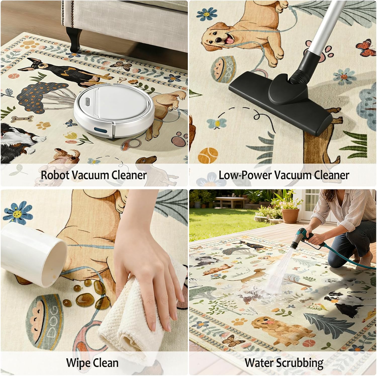 6x9 Area Rugs for Living Room Bedroom, Large Washable Floral Animal Dog Print Rug, Soft Stain Resistant Low Pile Non-Slip Thin Carpet for Dining Room Kids Playroom Dorm Home Decor, Beige