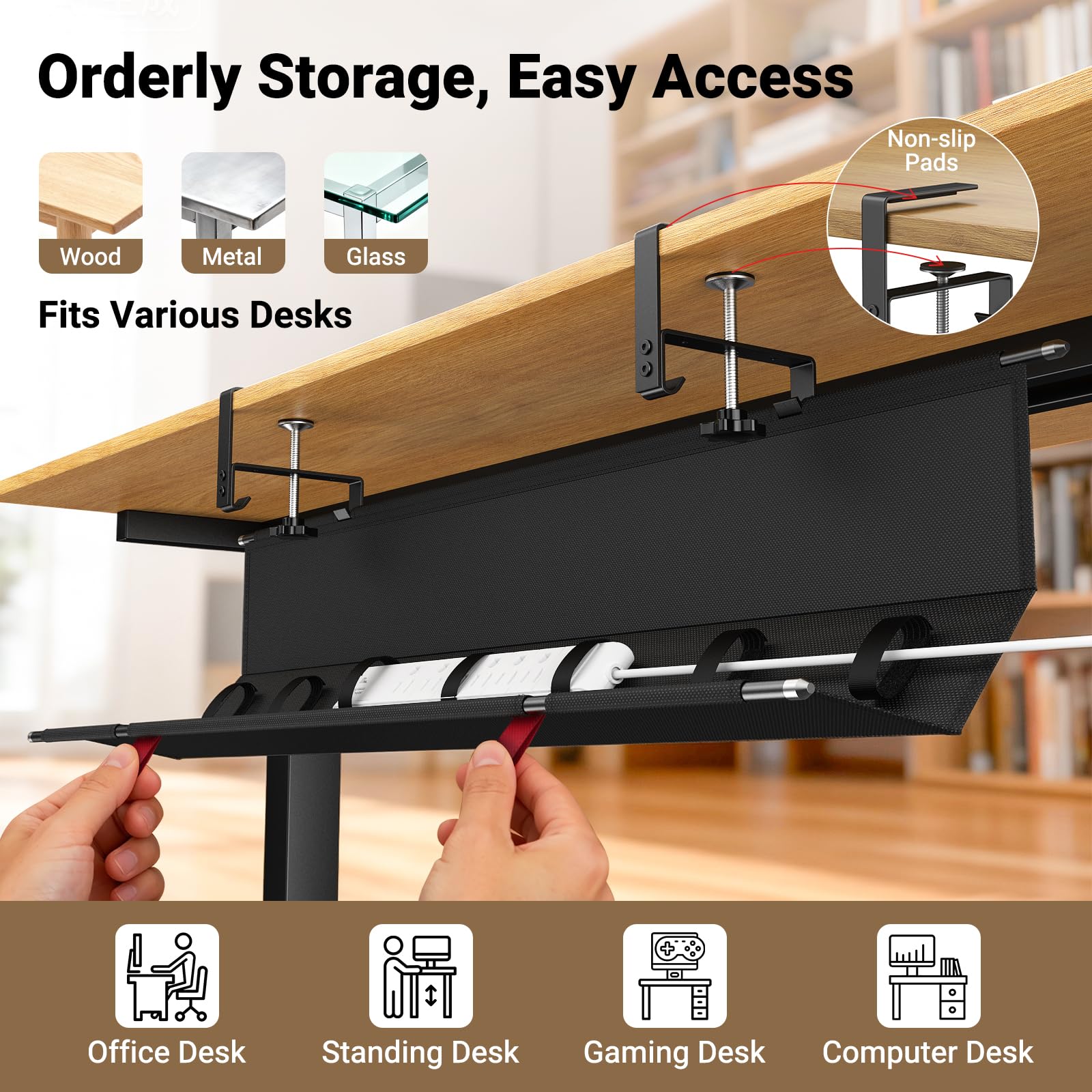 Housolution Plateau de Gestion de Câbles sous Bureau 36", Organisateur de Câbles en Tissu Premium, Plateau de Rangement sans Percage, Fixation par Serre-joint/Vis, pour Bureau et Maison, Noir