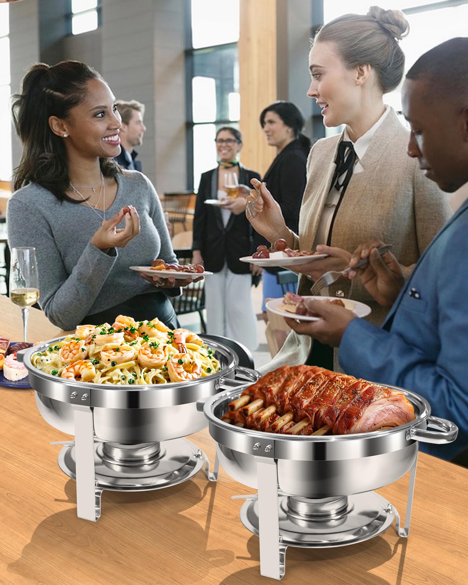 Chafing Dish Buffet Set 5L, Set Buffet da 2 pezzi in Acciaio Inossidabile, Contenitori per Mantenere Caldo, Rotondo Scaldavivande per Servire per Catering Ristoranti Feste Matrimoni (Argento - 2 Set)