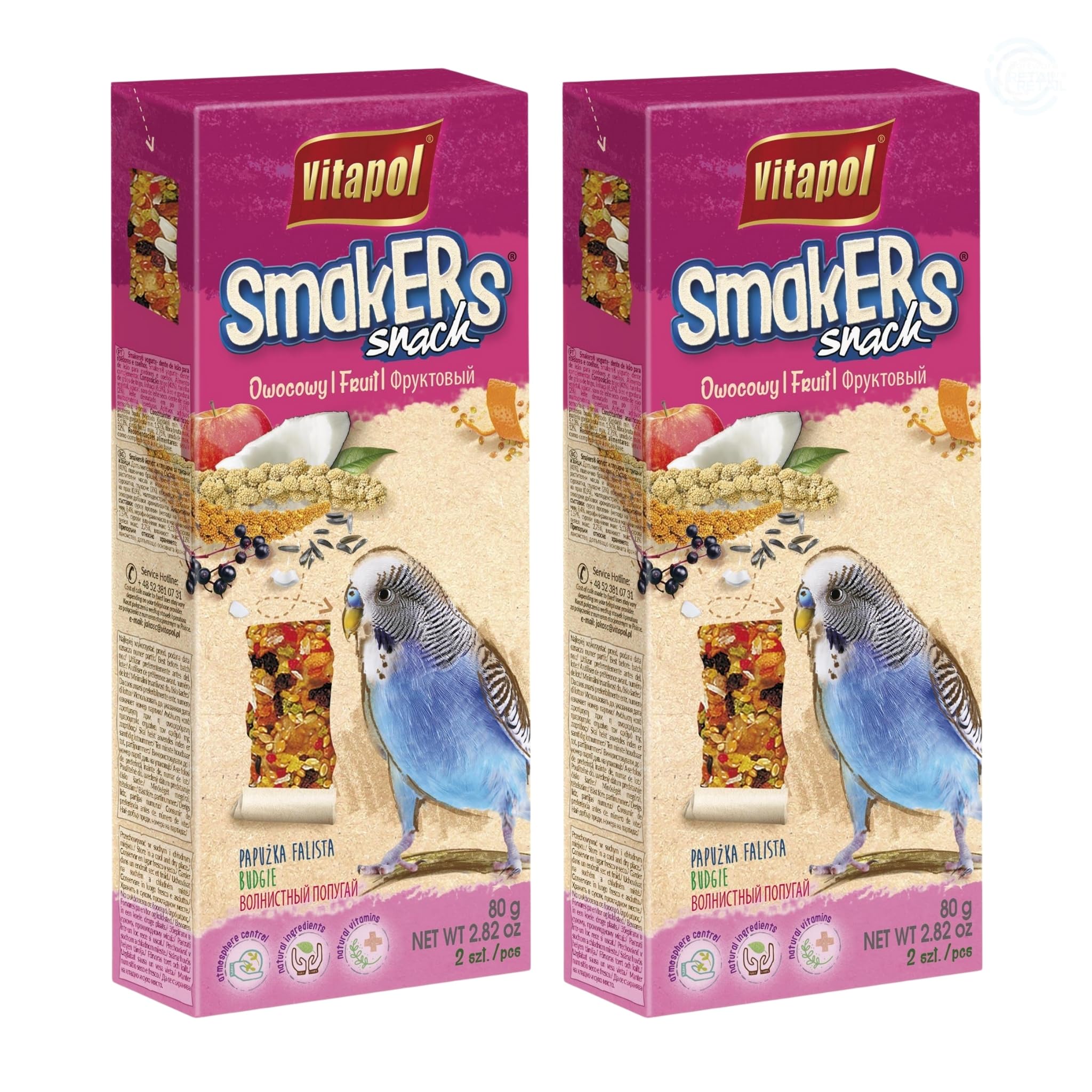 Vitapol Smakers® Parrot Treat Sticks – Variety of Snacks for Budgies, Cockatiels & Large Parrots | Natural Fruit, Egg, Honey, Seed | Vitamin-Rich Snacks, Health & Plumage Support (Fruit, 180g)