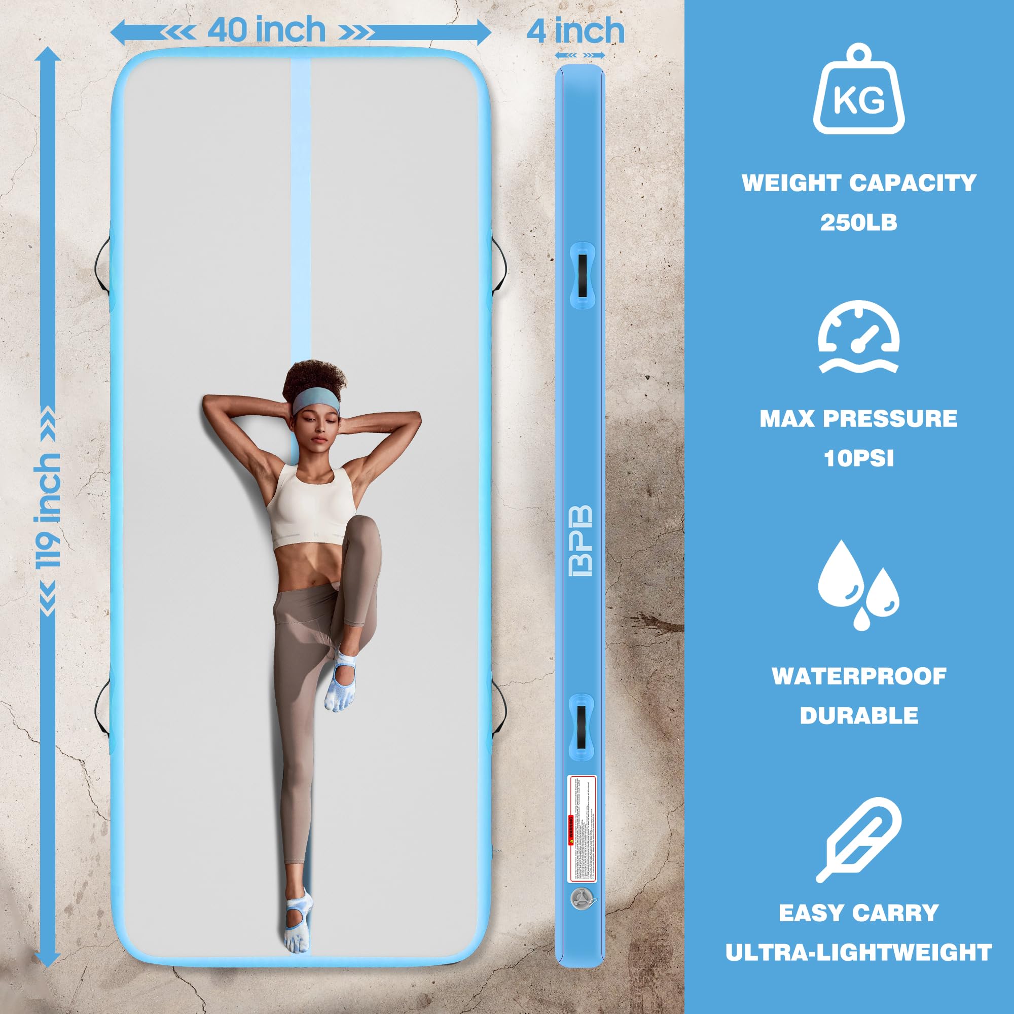 BPB Inflatable Gymnastics Mat. 10ft Air Tumble Track for Home Use/Training/Gymnastics/Cheerleading/Yoga/Pilates/Martial Arts/Gym/Beach/Cheerleading/Water Fun