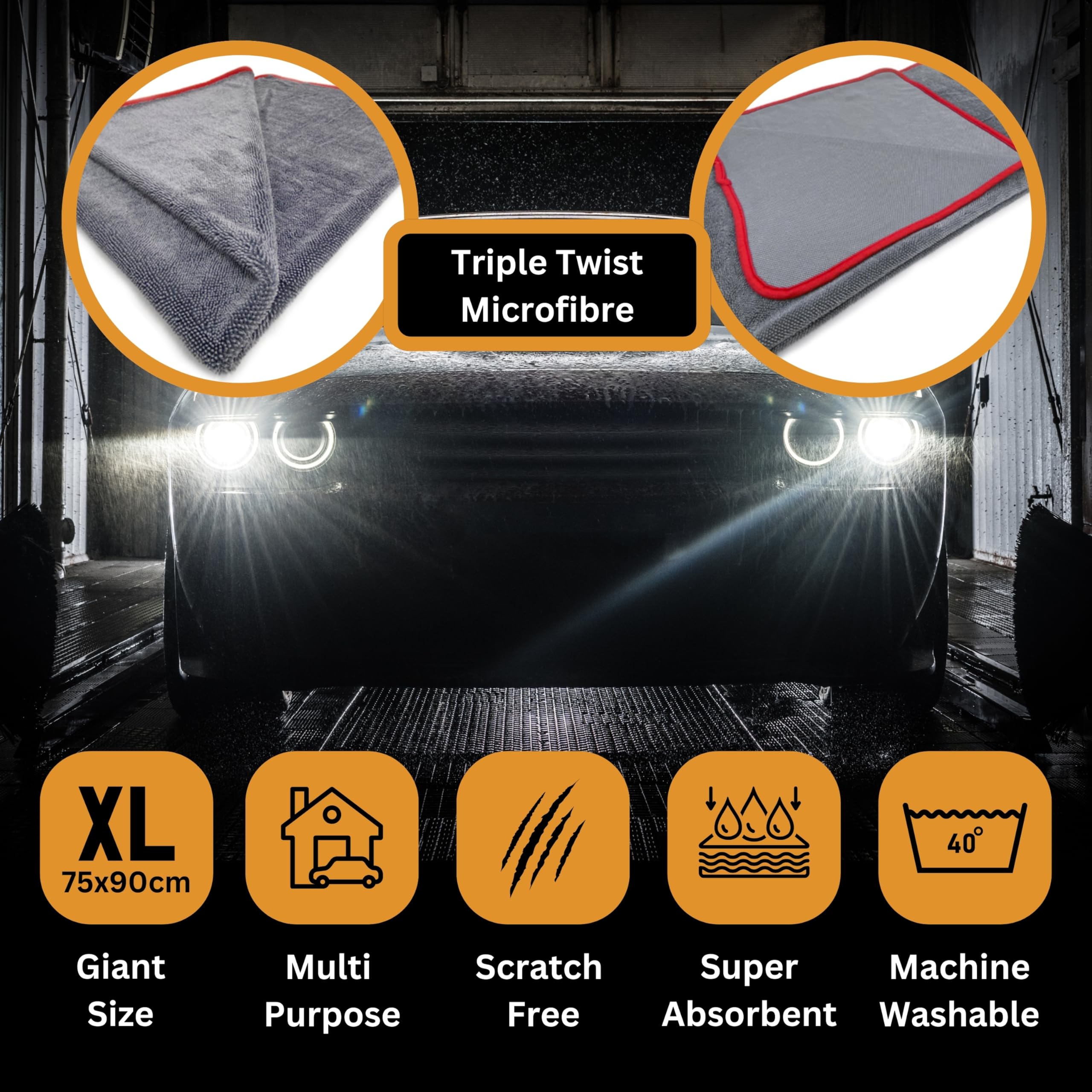 Tek Automotive Paquete de 2 toallas de secado de microfibra de triple torsión, ultra absorbentes, sin arañazos, extra grandes, 90 x 75 cm, toalla de secado de coche para limpieza, detalles y pulido