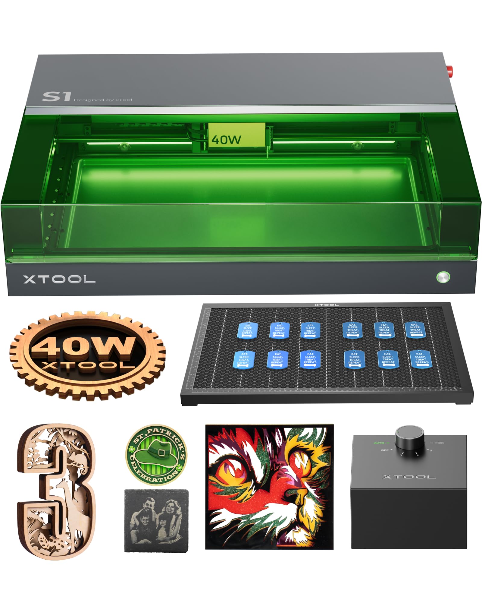 xTool S1 40W Grabadora Láser con Air Assist Kit y Panel de Nido de Abeja, Seguridad Cerrada, Enfoque Automático, 498 * 330mm, Cortadora Grabado para Madera, Metal, Cuero, Acrílico
