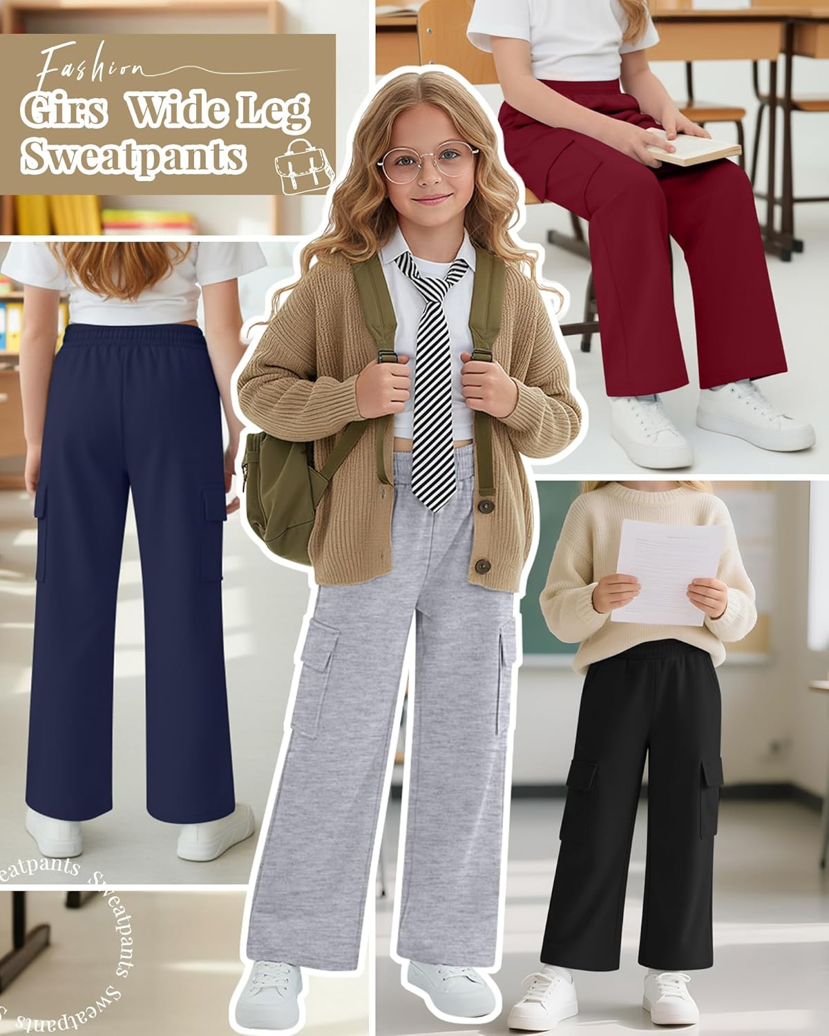 4 Pack Girl's Wide Leg Sweatpants with Cargo Pockets Baggy Elastic High Waist Pants Kids Casual Athletic 5-14Y