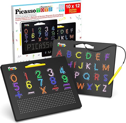 PicassoTiles PTB02-BLK - Tablero de dibujo magnético 2 en 1, de 12 x 10 pulgadas, grande, con perlas magnéticas, con lado de alfabeto y matemáticas