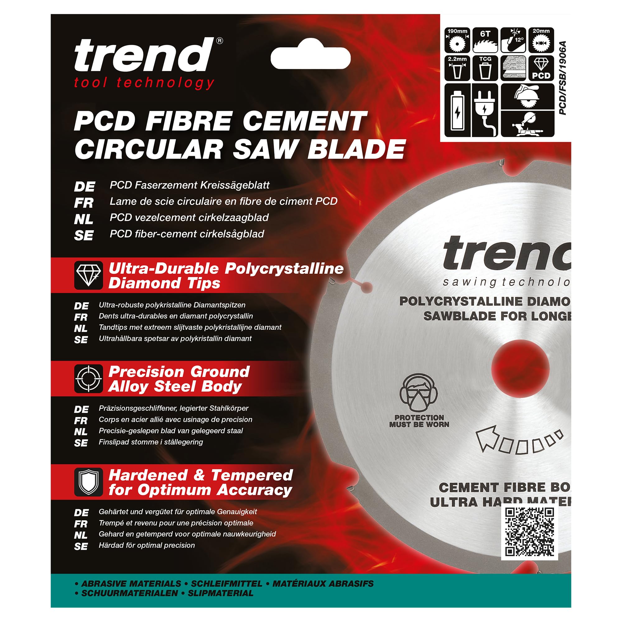 Trend Brzeszczot do piły tarczowej z cementu włóknistego PCD, średnica 190 mm, otwór 20 mm, 6 zębów, 2,2 mm szczelina tnąca, +hak 12°, PKD, gruba powierzchnia, PCD/FSB/1906A