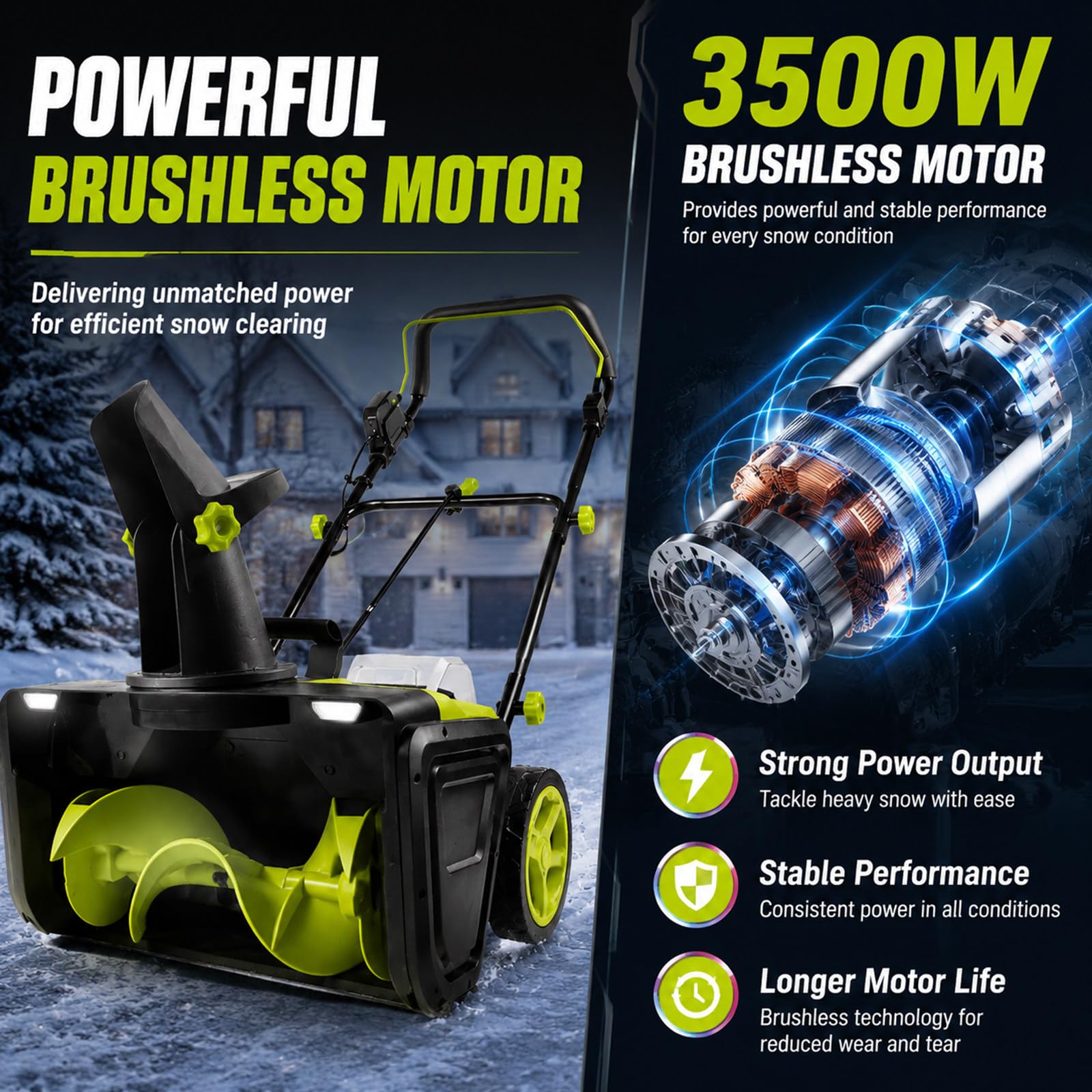 Spazzaneve Elettrico a Turbina, 3500 W, per Vialetti, Gradini e Portici 4Batteries | Larghezza 50 cm, profondità 25 cm, gittata di 7,6 m, spazzaneve a batteria per vialetti, patii e passi carrai