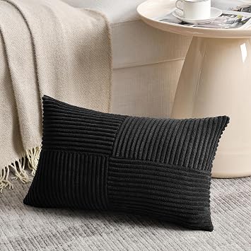Fancy Homi Black Lumbar Decorative Throw Pillow Covers 12x20 Inch for Living Room Couch Bed Sofa, Rustic Farmhouse Boho Home Decor, Soft Striped Corduroy Rectangle Accent Cushion Case 30x50 cm