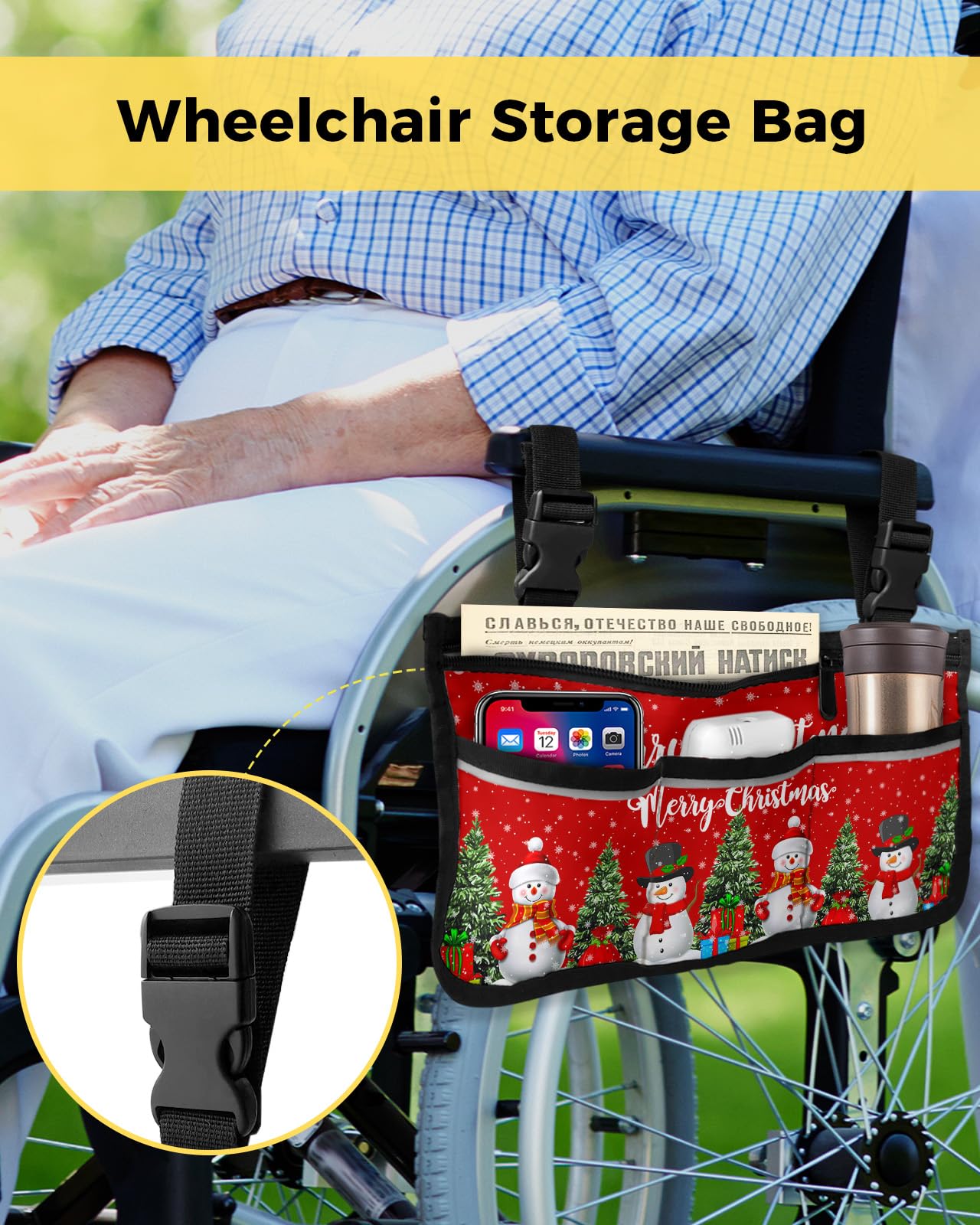 Christmas Snowman Wheelchair Side Bag Walker Bag, Xmas Tree Gift Snowflake Red Wheelchair Accessories Armrest Pouch, Organizer Storage Bag for Walkers, Rollators, Scooters, 7.3''x13''