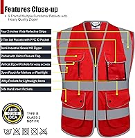 Vista 3 de Chalecos de seguridad retroreflectantes Clase 2 con 9 bolsillos y cremallera frontal ANSI/ISEA 107-2015 (rojo-3, 3XL)