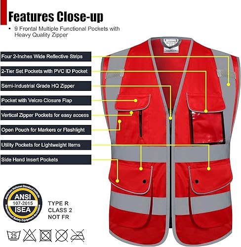 Miniatura 3 de Chalecos de seguridad retroreflectantes Clase 2 con 9 bolsillos y cremallera frontal ANSI/ISEA 107-2015 (rojo-3, 3XL)