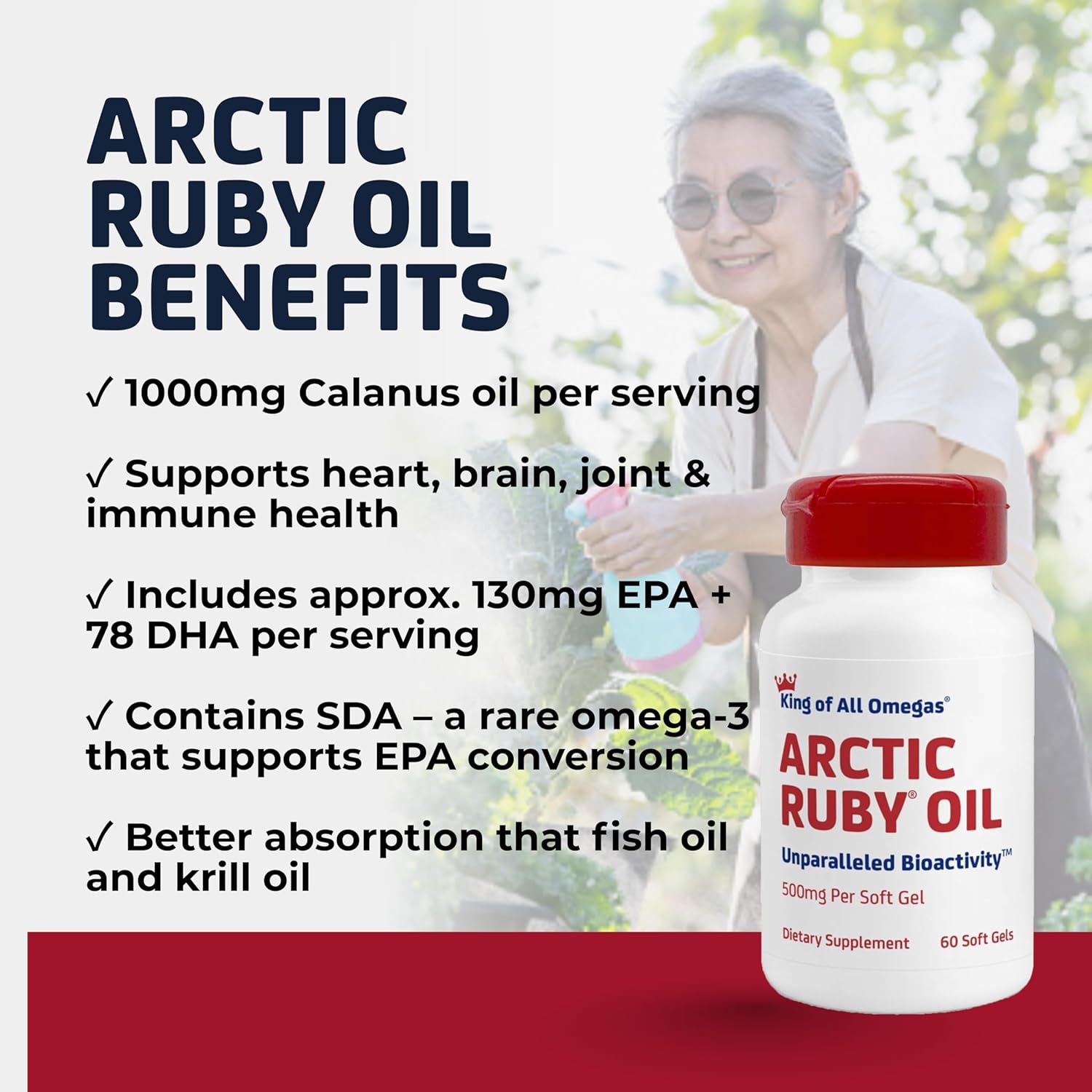 Arctic Ruby Oil 1000mg – Omega 3 Supplement for Women and Men with EPA, DHA & Astaxanthin 2mg - Fish & Krill Oil Alternative – 60 Softgels (1 Pack)