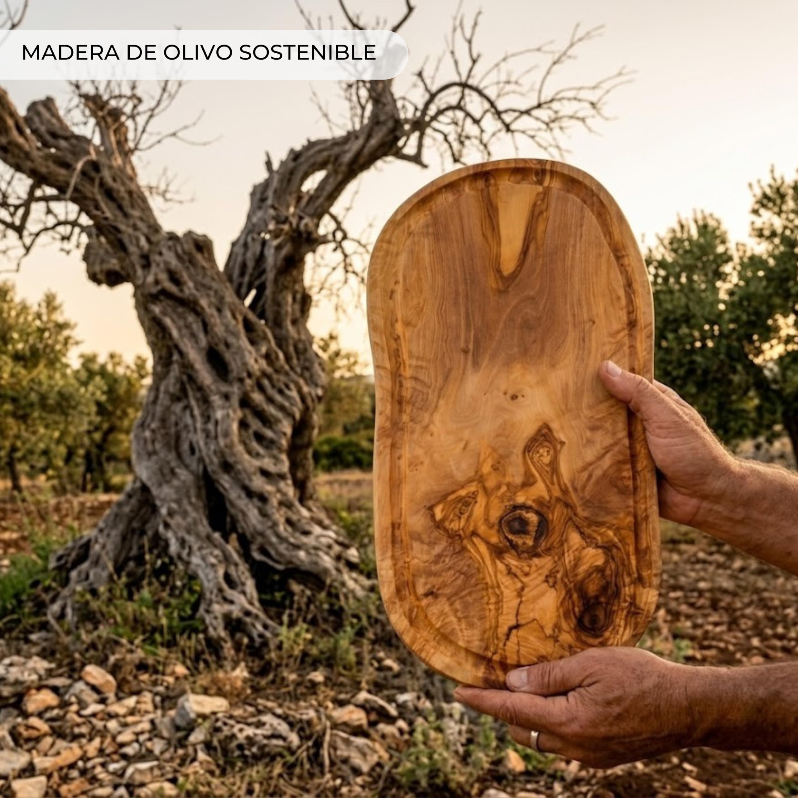 Erreke Tabla de Madera de Olivo Natural con Ranura, 43 x 21 cm, Uso Diario | Tabla Madera Cocina. Reversible con Canal para Jugos. Servir y Picar Carne Quesos. Estilo Mediterráneo. Para Cocina y Mesa