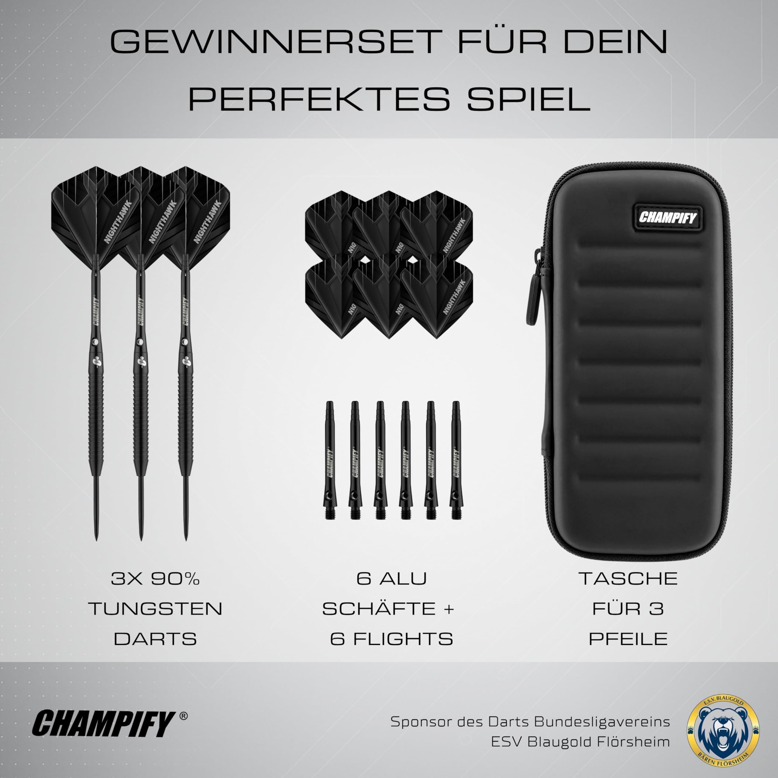Champify® 90% Tungsten Darts Set mit schwarzer Darttasche| 3 Steeldarts mit 9 Alu-Schäften & 9 Flights | Dart Set mit Zubehör | Dartpfeile mit Metallspitze