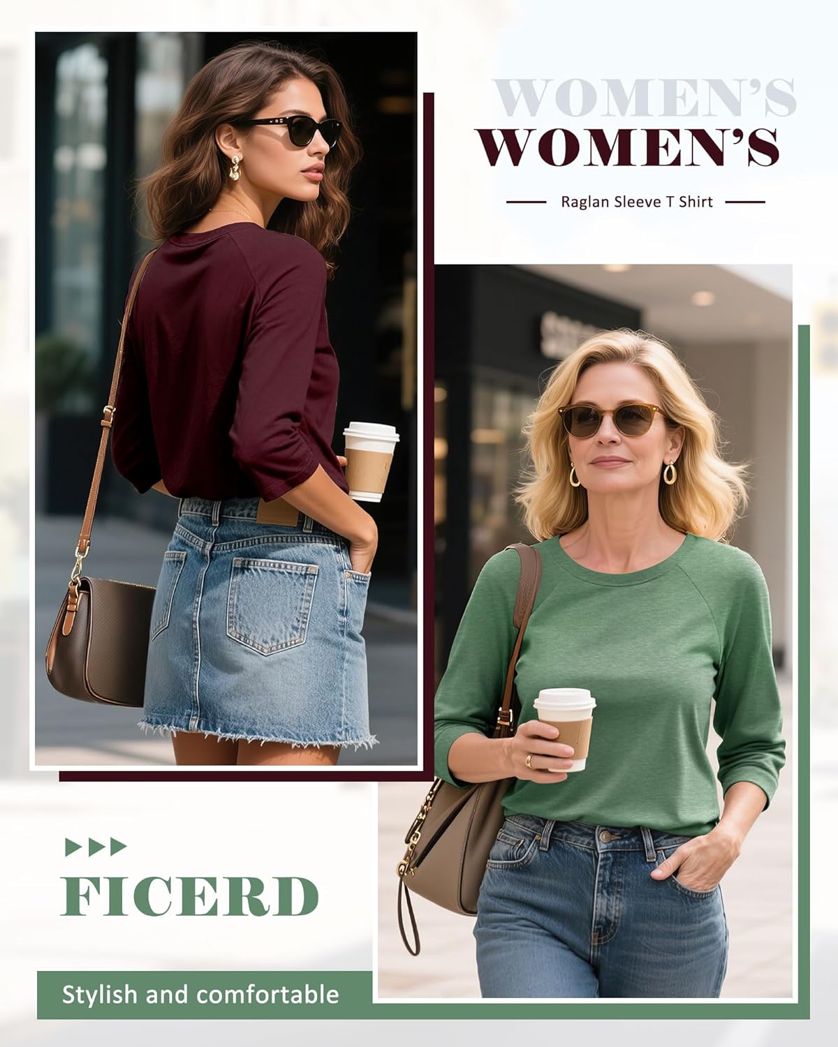 Ficerd 3 Pack 3/4 Sleeve Tops for Women Crew Neck Raglan Sleeve Basics Tees Loose Fit Casual Top Curved Hem Tunic T Shirt - Image 4