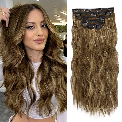 Miniatura 9 de Extensiones de cabello rubio con clip de 20 pulgadas, 6 piezas, largo, ondulado, rizado, rubio fresa, con reflejos rubio decolorado, extensiones de