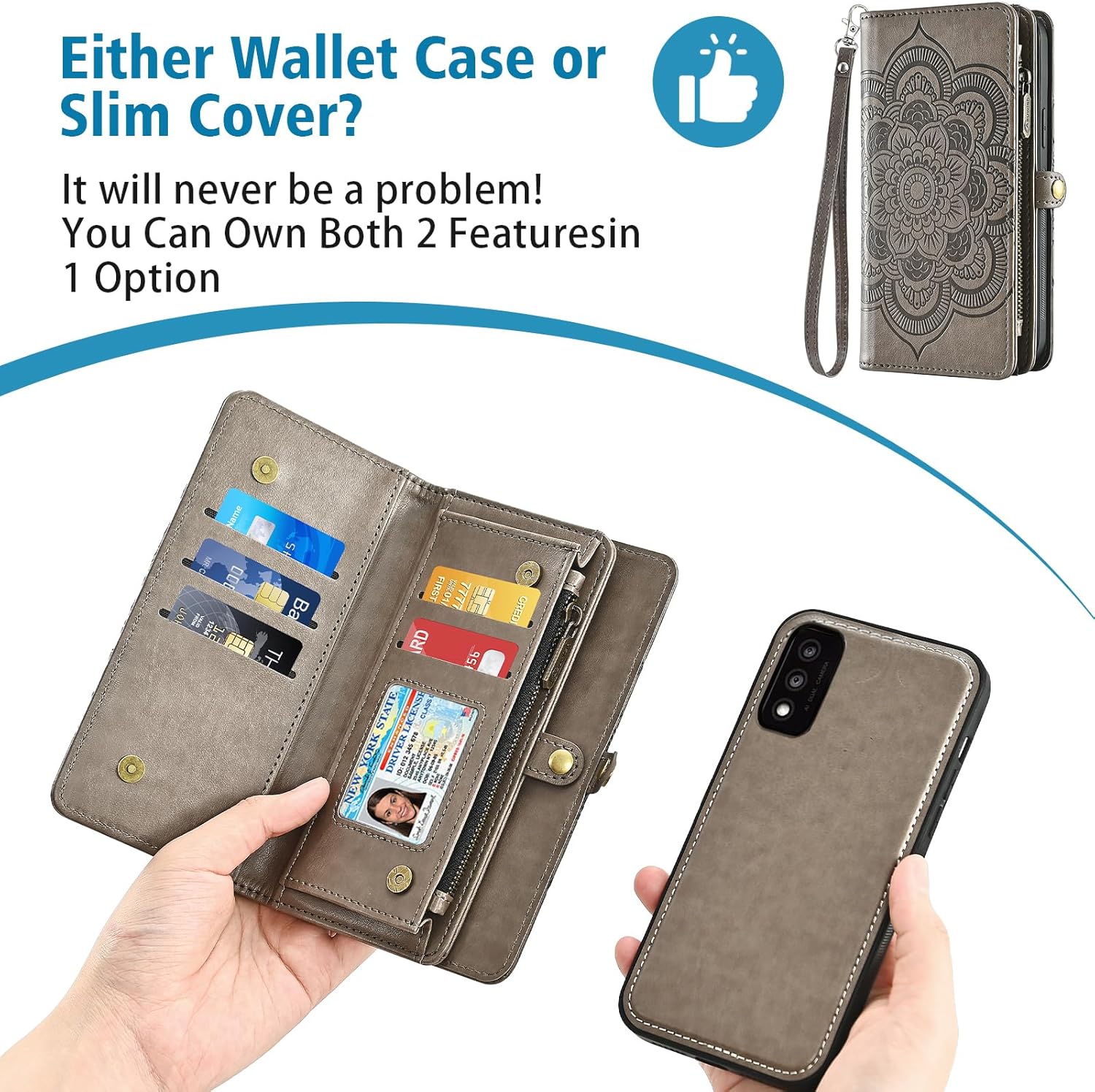 Asuwish Phone Case for TCL 30T T603DL Zipper Wallet Magnetic Detachable Cell Cover with Tempered Glass Screen Protector Crossbody Lanyard Strap Mandala Flower Card Holder TCL30T 30 T Women Girls Gray