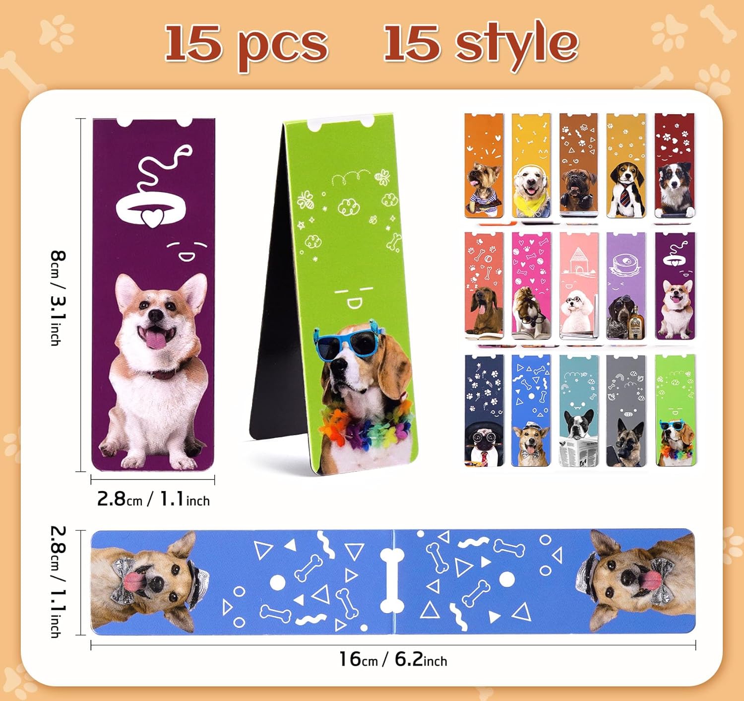 ABSOFINE 15PCS Magnetic Bookmarks, 3.1" Cute Dogs Large Size Magnetic Page Clips Bookmark, 15 Designs Pet Dogs Waterproof Sturdy Bookmarks for Kids Women Book Lovers - Image 2