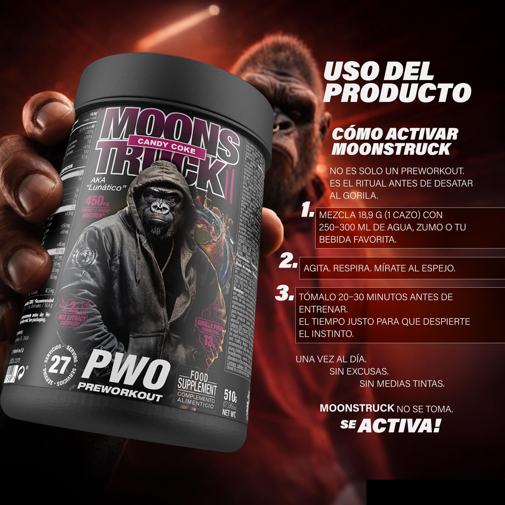 Zoomad Labs Moonstruck II Pre Workout 510 g — Pre Workout Potente Citrullina Beta Alanina AAKG · Gorilla Pump 13 g · Nitrati Barbabietola · 299 mg Caffeina · 27 Porzioni