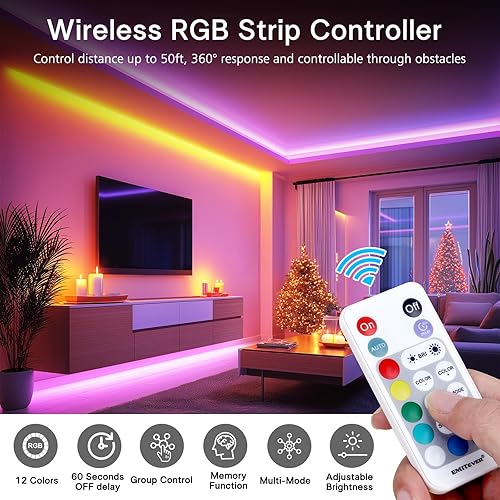 Miniatura 6 de EMITEVER Tira de luz LED RGB de 16.4 pies, regulable COB 24 V, kit de luz LED flexible que cambia de color con control remoto, 3150 LED de alta