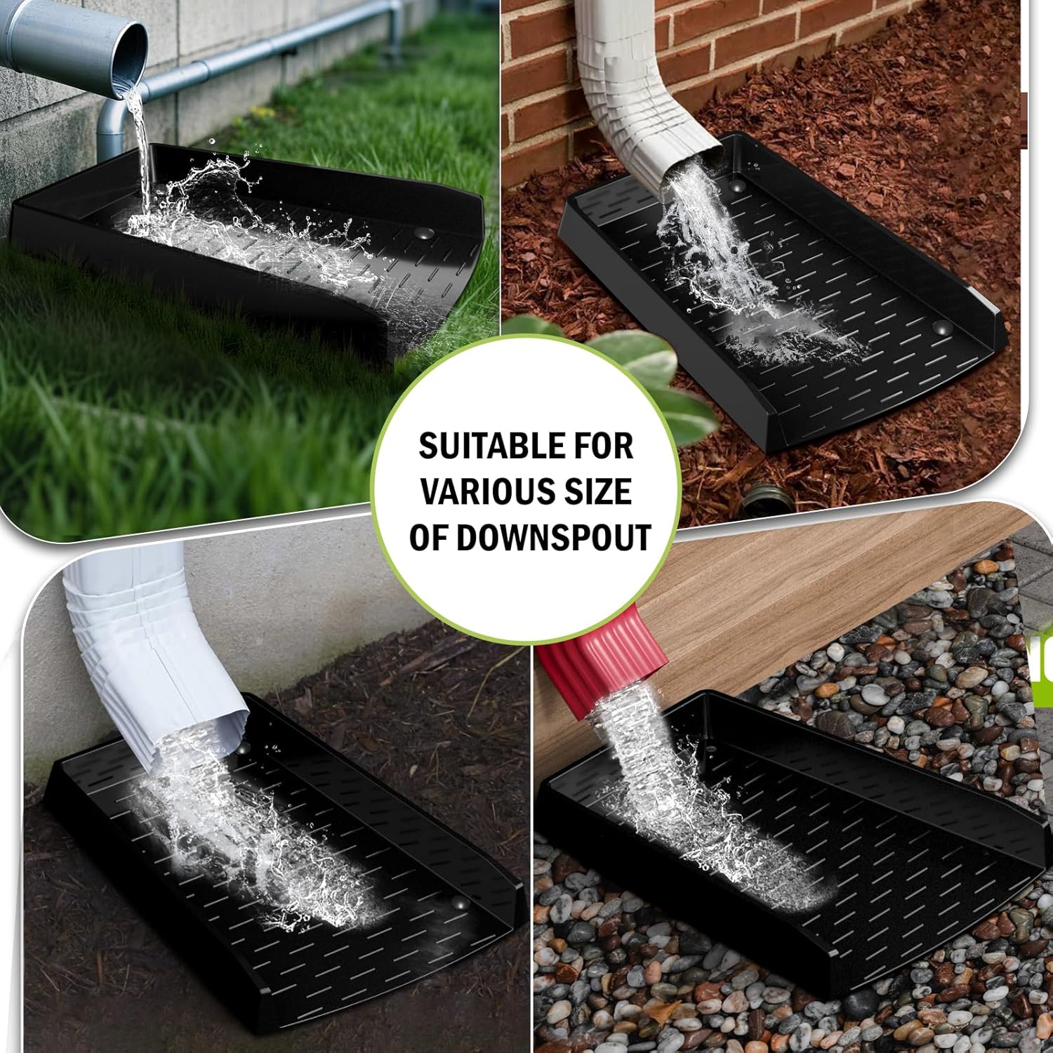 4 Pack Gutter Downspout Splash Block, 12” Extra-Wide Gutter Downspout Extensions for Water Drainage, No-Install Design Down Spout Extender, Fixable Downspout Extender with 8 Fixing PP Nails, Black
