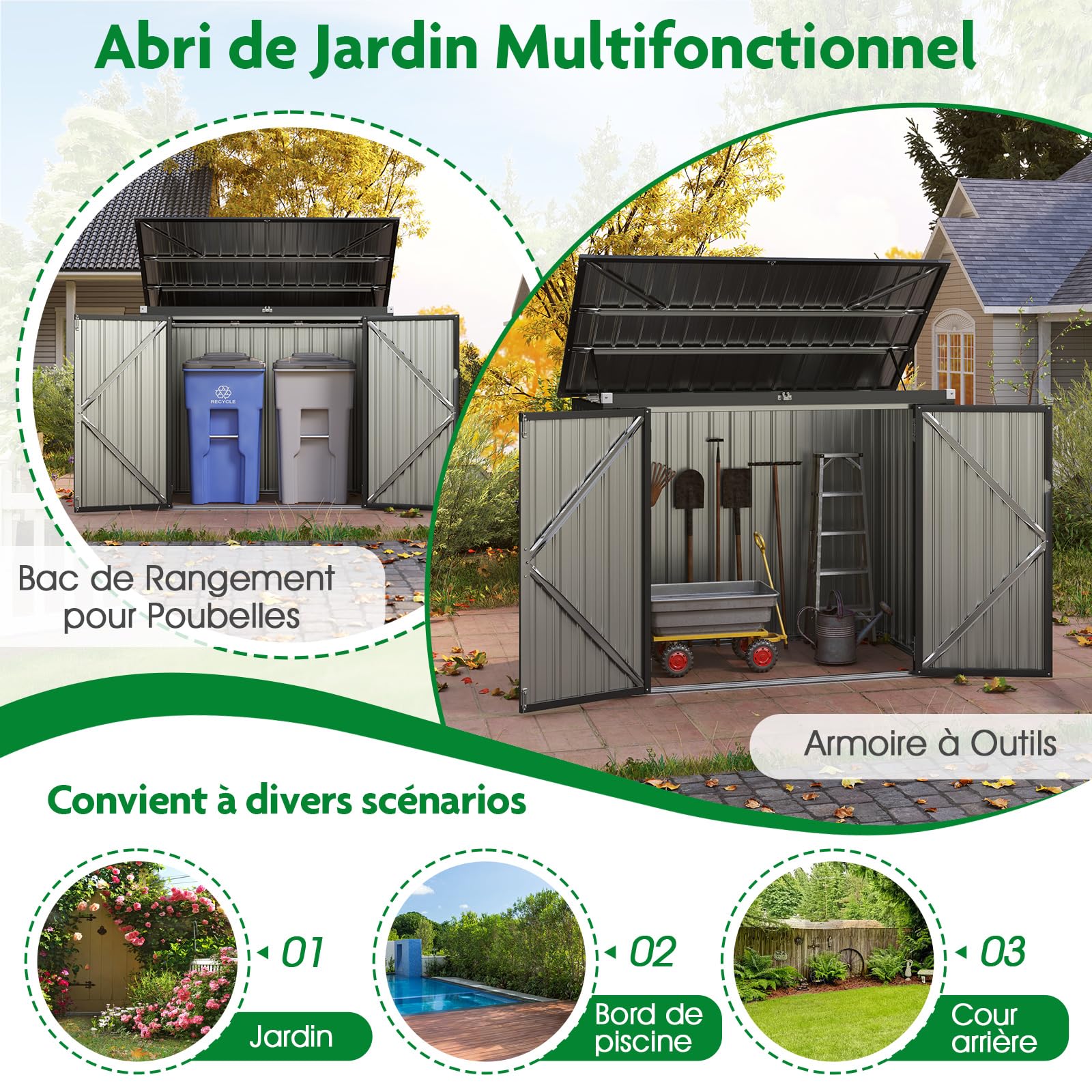 COSTWAY Abri de Jardin en Métal Galvanisé 1,5 m², Cache Poubelle Exterieur Verrouillable, Toit Ouvert, 2 Portes, Abri Poubelle Exterieur, 4 Gants, Rangement Etanche pour Vélo,Outils(Gris foncé)