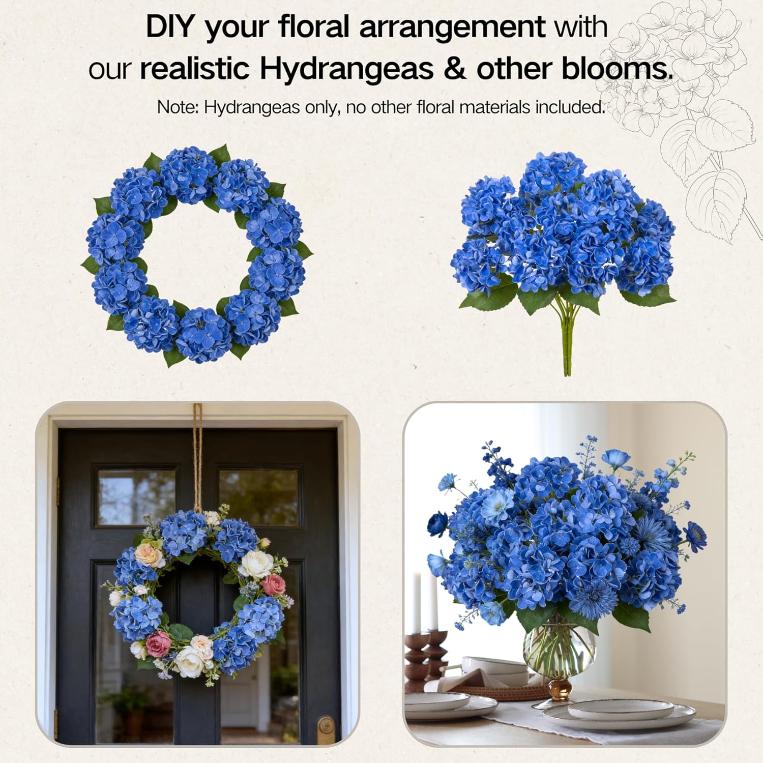 INXUGAO Artificial Flowers Fake Outdoor Hydrangea Bouquets with Long Stems, 3Pcs 18" Faux Blue Hydrangeas with Latex Real Touch for Outdoors, Wedding, Baby Shower and Party Decor