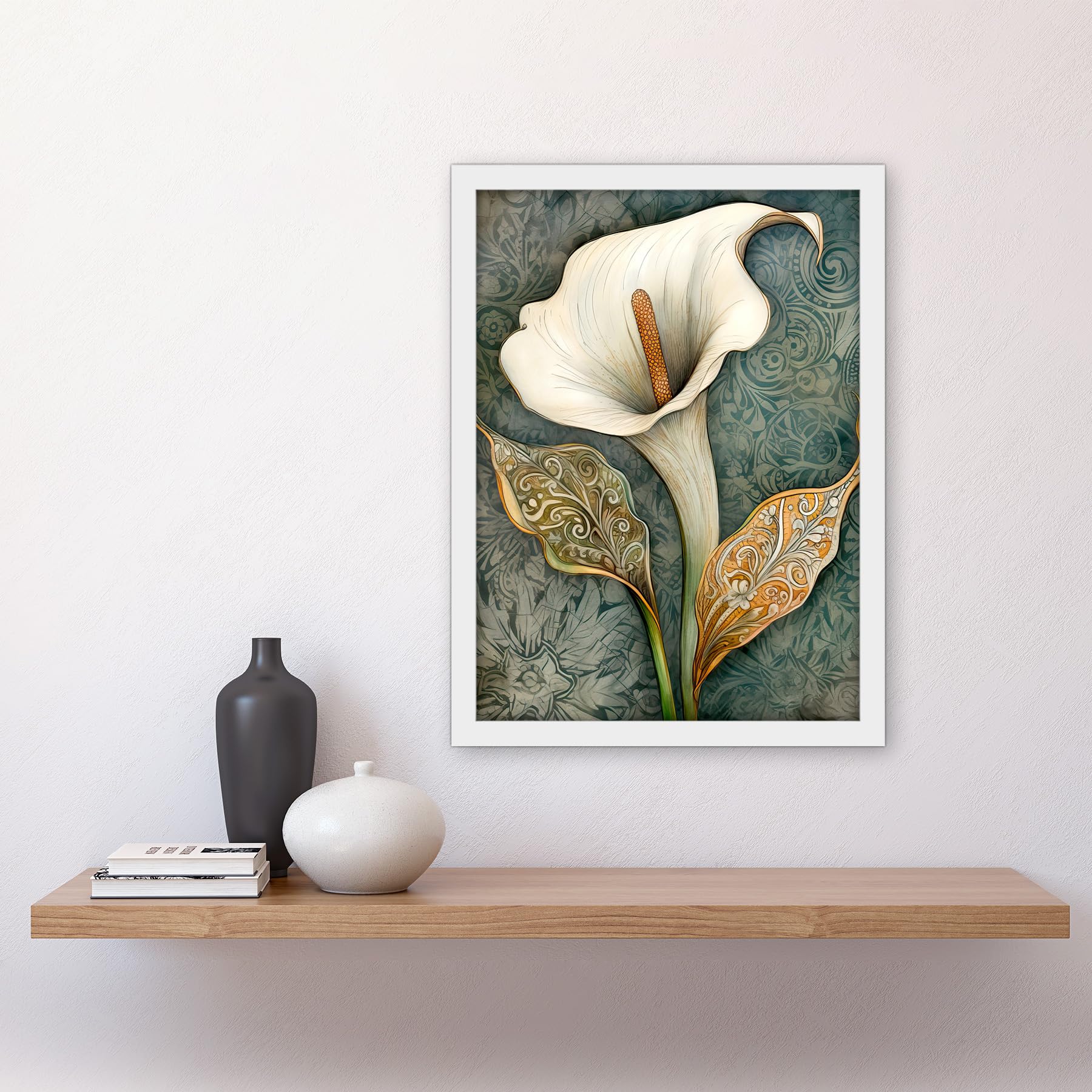 Artery8 William Morris Style Art Nouveau Calla Lily Flower Artwork Framed A3 Wall Art Print, Framed White A3, 45.5L x 33W cm - Image 2