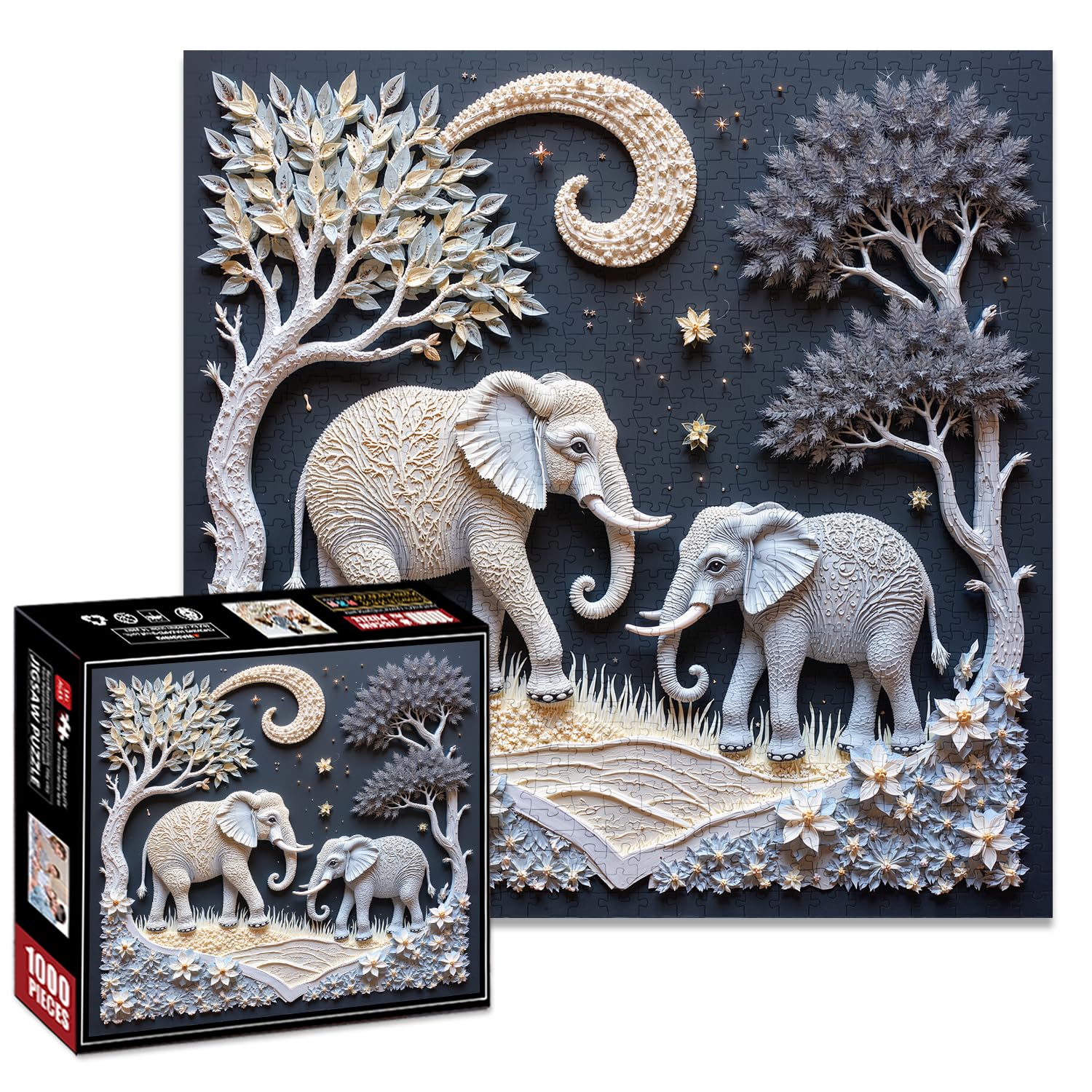 Grey White Elephant 1000 Pieces Jigsaw Puzzles for Adults Challenging Puzzle Perfect for Game Nights,Challenging Family Activity, Great Gift Idea, Colorful House Decor