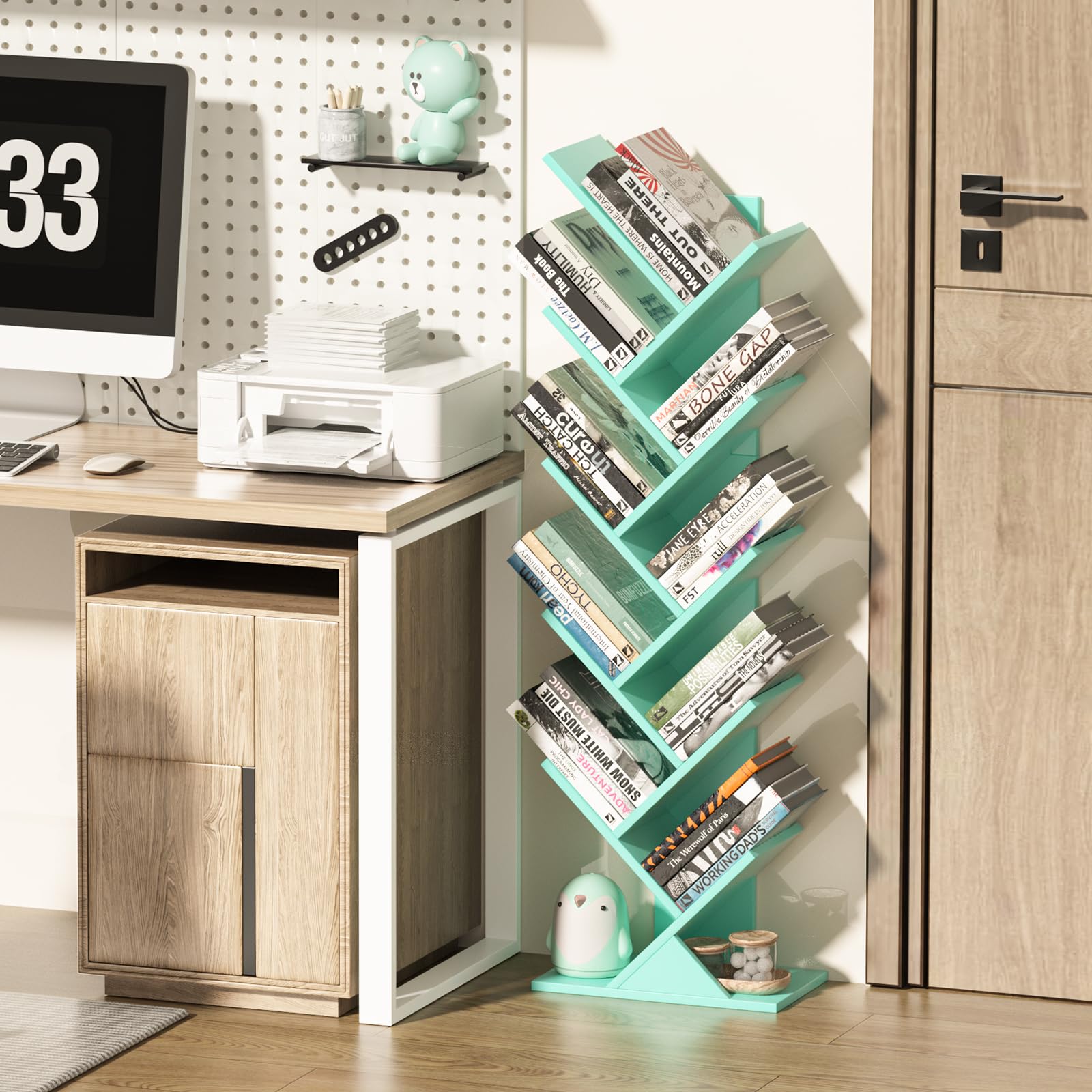 LELELINKY Bücherregal Baumform, Standregal 10 Ebenen für Bücher/CDs/Zeitschriften, DVD Bücherregal Holz, Bücher Regal für Wohnzimmer, Schlafzimmer und Heimbüro, Grün