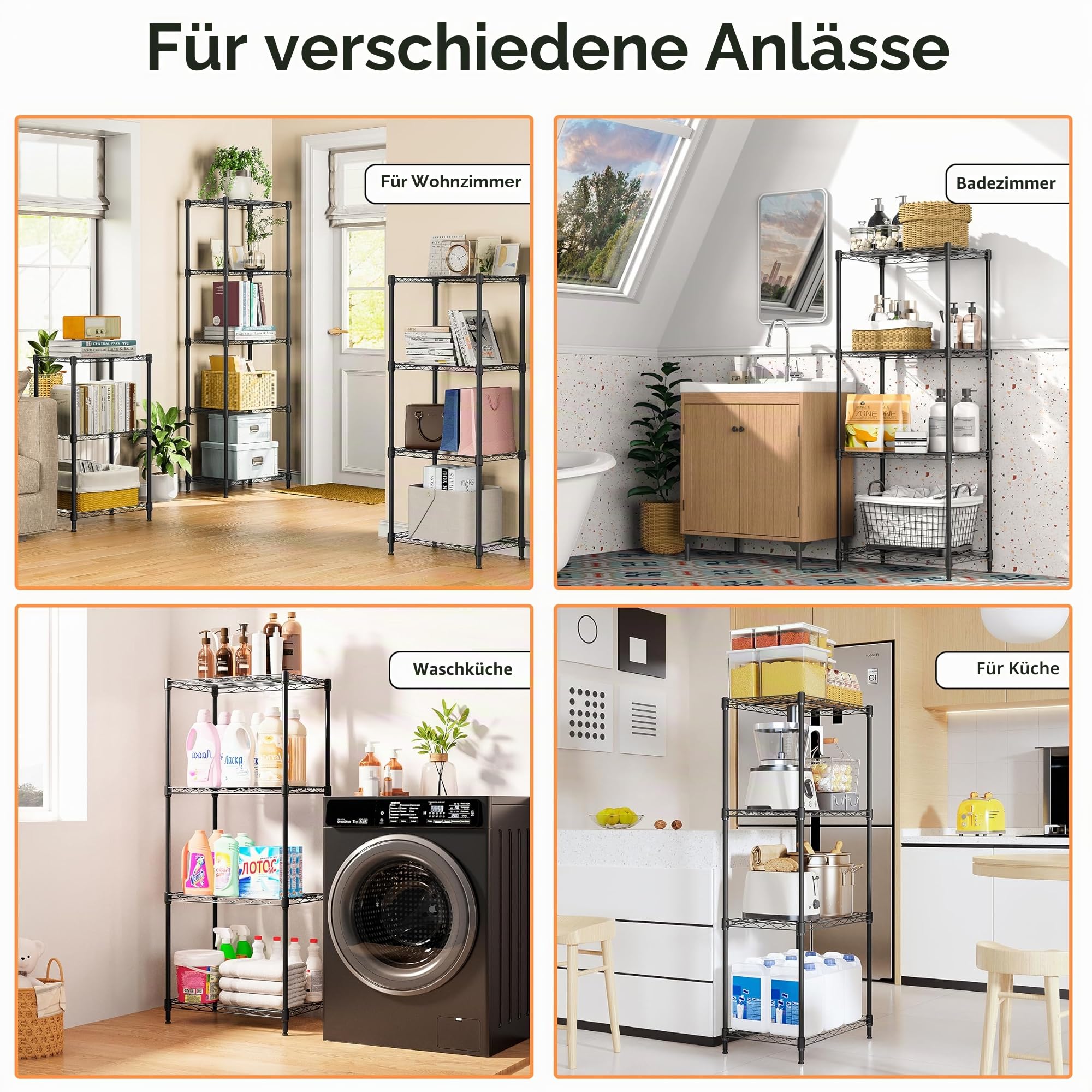 M MZG 4-stufiges Metallregal, platzsparendes Aufbewahrungsregal für Küche, Bad, Büro, Vorratsraum und Abstellraum, Schwarz, 30×45×106.4 cm
