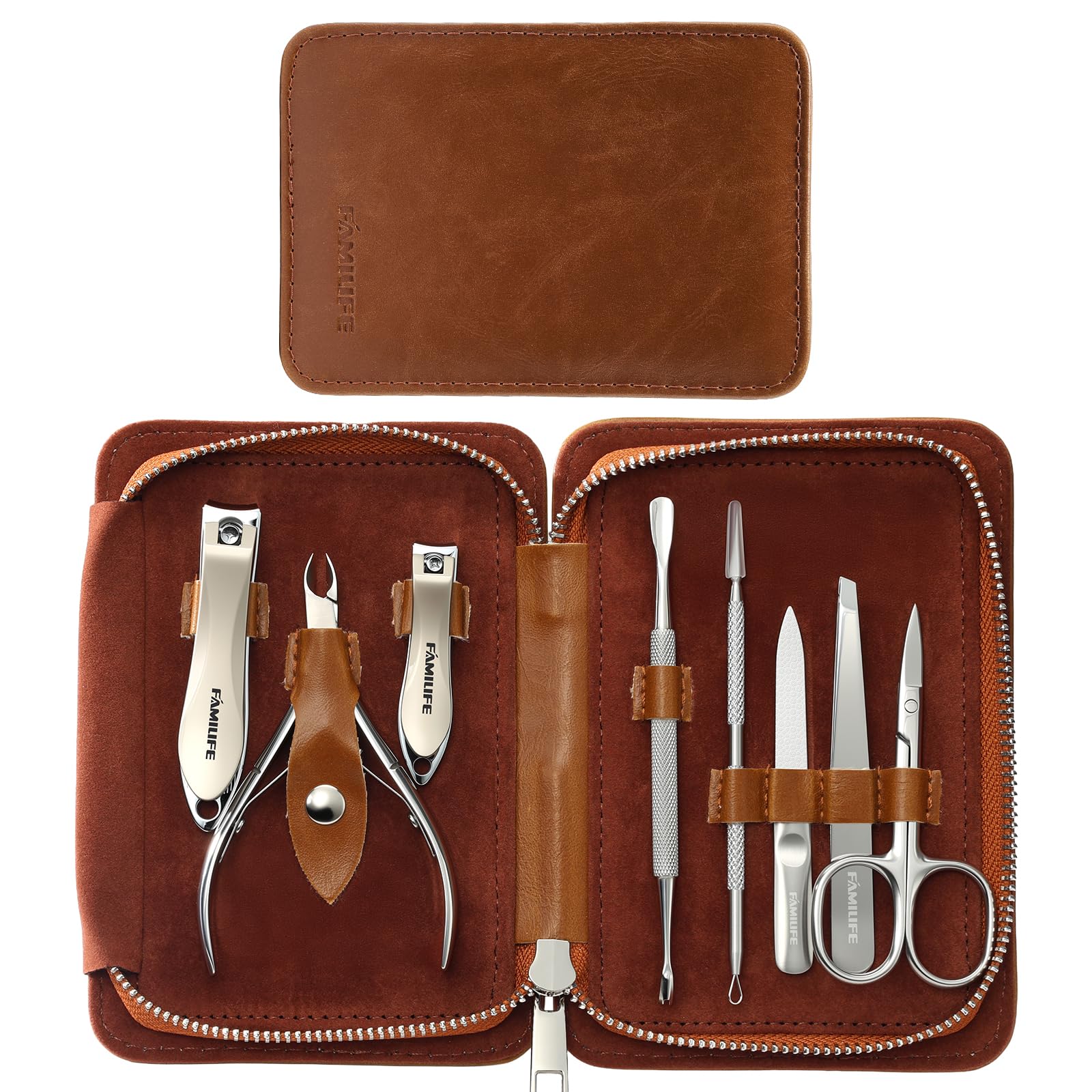 FAMILIFE Manicure Set, Nail Clippers Pedicure Tool, 8 pcs Stainless Steel Manicure Kit Professional Grooming Tool, Nail Kit with Portable Brown Leather Travel Case Luxury Gifts for Men