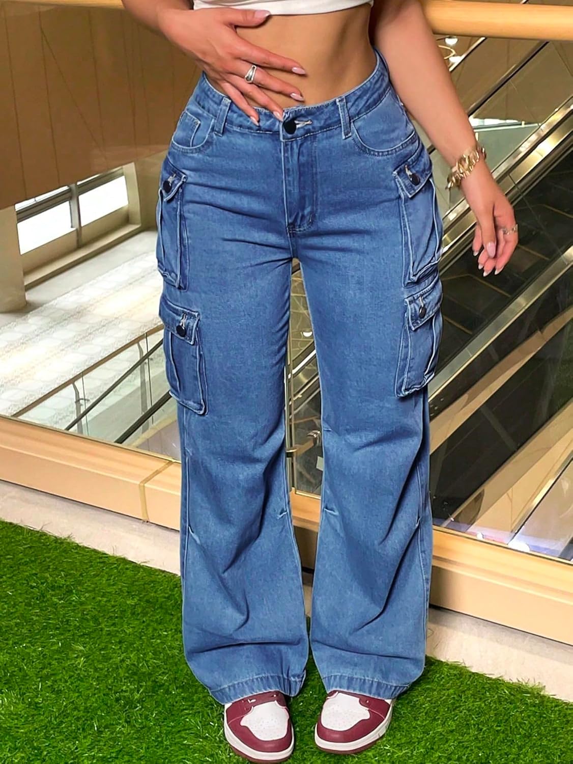 Cargo Pants for Women Baggy Mid Waisted Straight Pants Trendy Streetwear Wide Leg Denim Pants with 8 Pockets