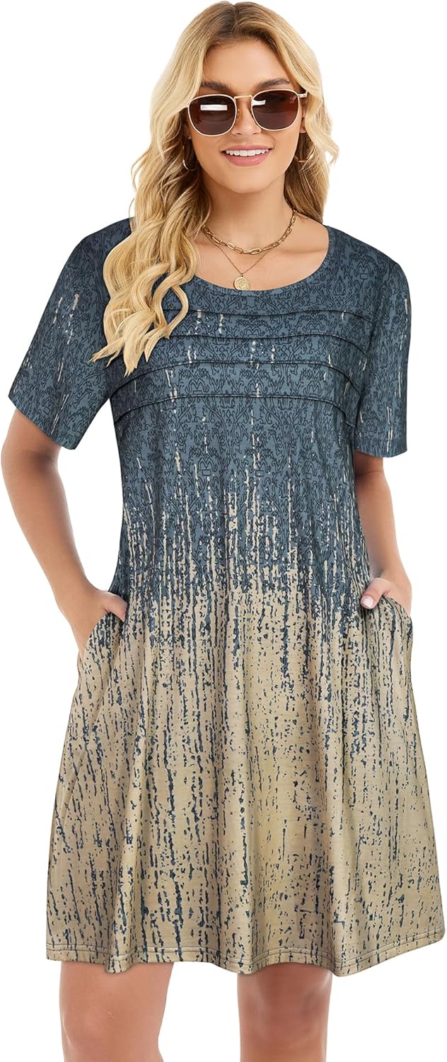 elescat Sundress for Women Casual Loose Summer Short Sleeve Pleated Front Crew Neck T Shirt Dress with Pockets - Image 2
