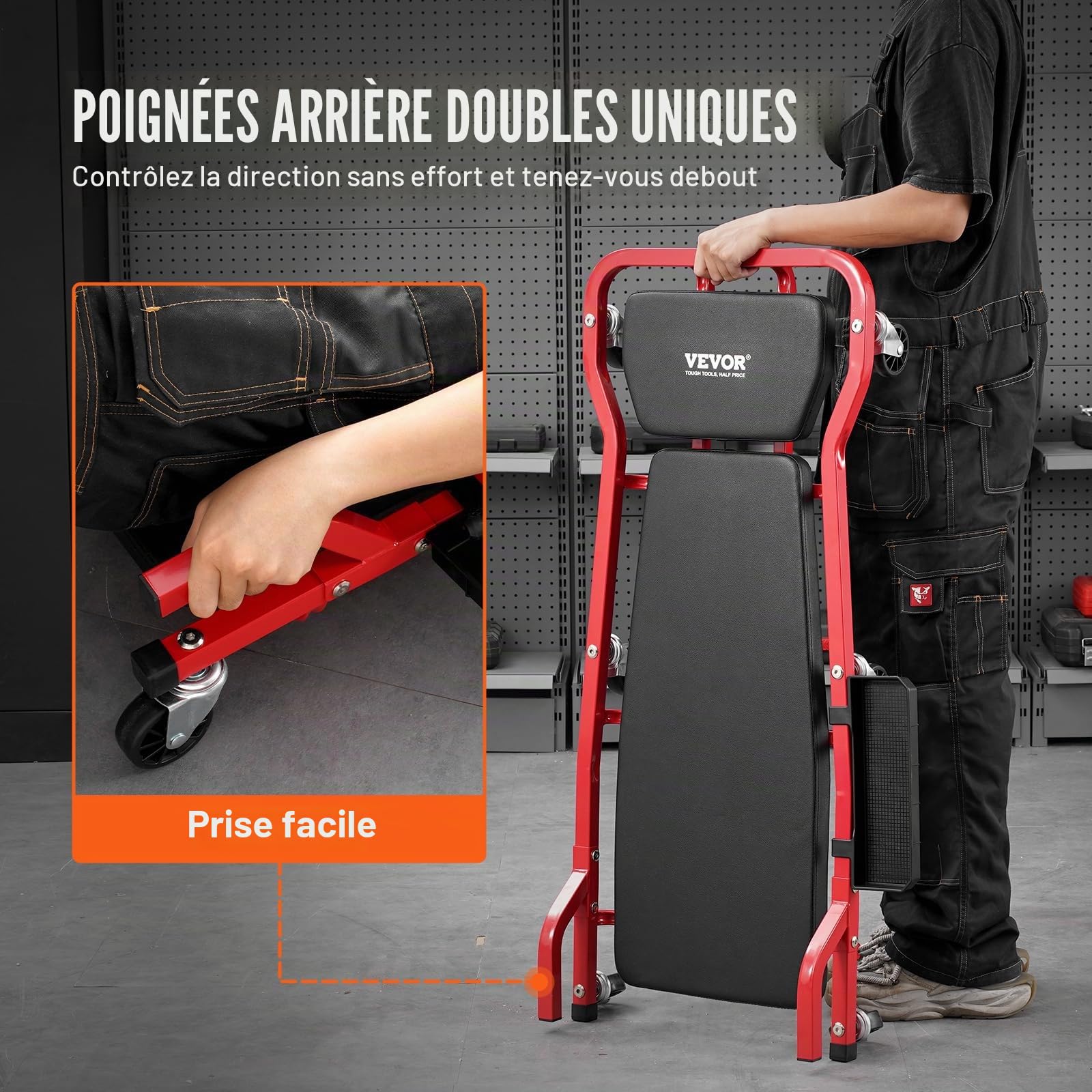 VEVOR Chariot de Visite 109,5 cm, Chariot de Mécanicien Charge 136,1 kg, Cadre en Acier, avec 6 roulettes, Appui-tête Rembourré Réglable, Plateau à Outils, pour Garage, Atelier, Réparation Automobile