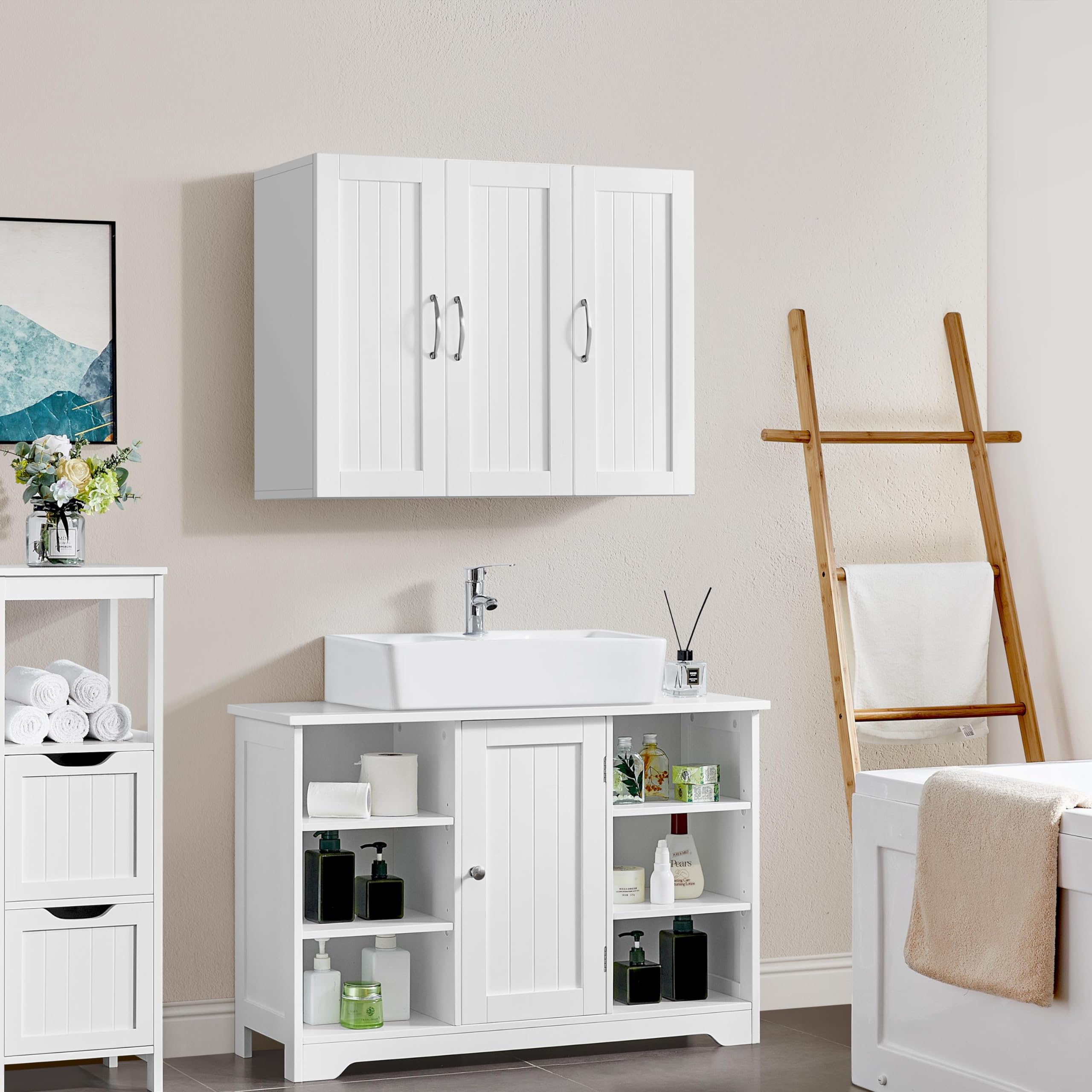 GIANTEX Hangende badkamerkast, hangkast met handdoekhouder en 3 planken, wandkast met schuurdeuren, opbergkast voor badkamer, keuken en hal, 60 x 20 x 72,5 cm