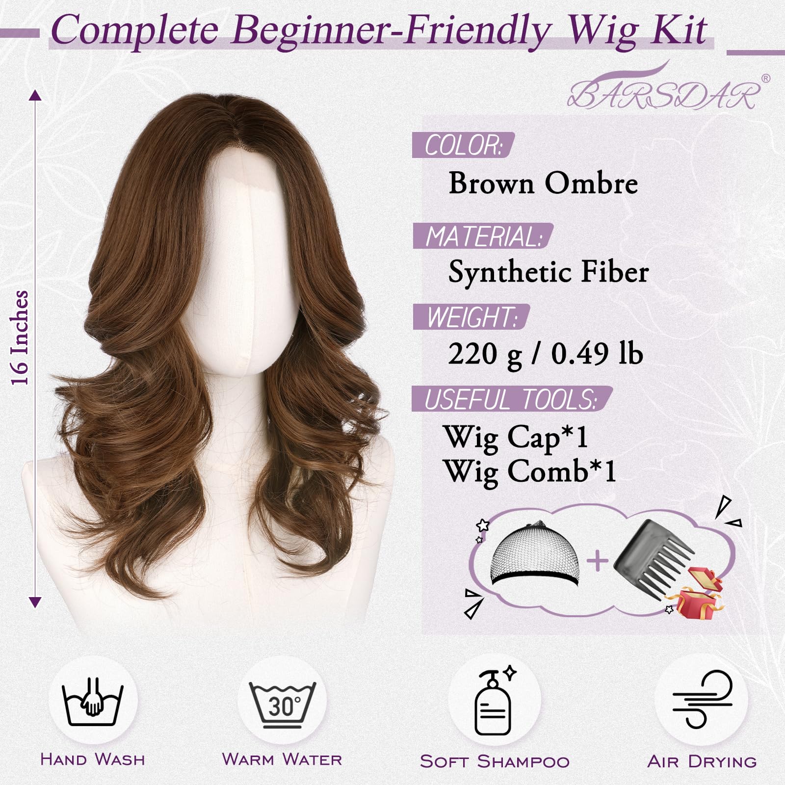 BARSDAR Short Wavy Brown Ombre Layered Wig - Shoulder Length Wavy Brown Wigs for Women - Short Loose Wave Textured Layered Wig with Face-Framing Curtain Bangs Soft Synthetic Natural Looking Daily — view 2