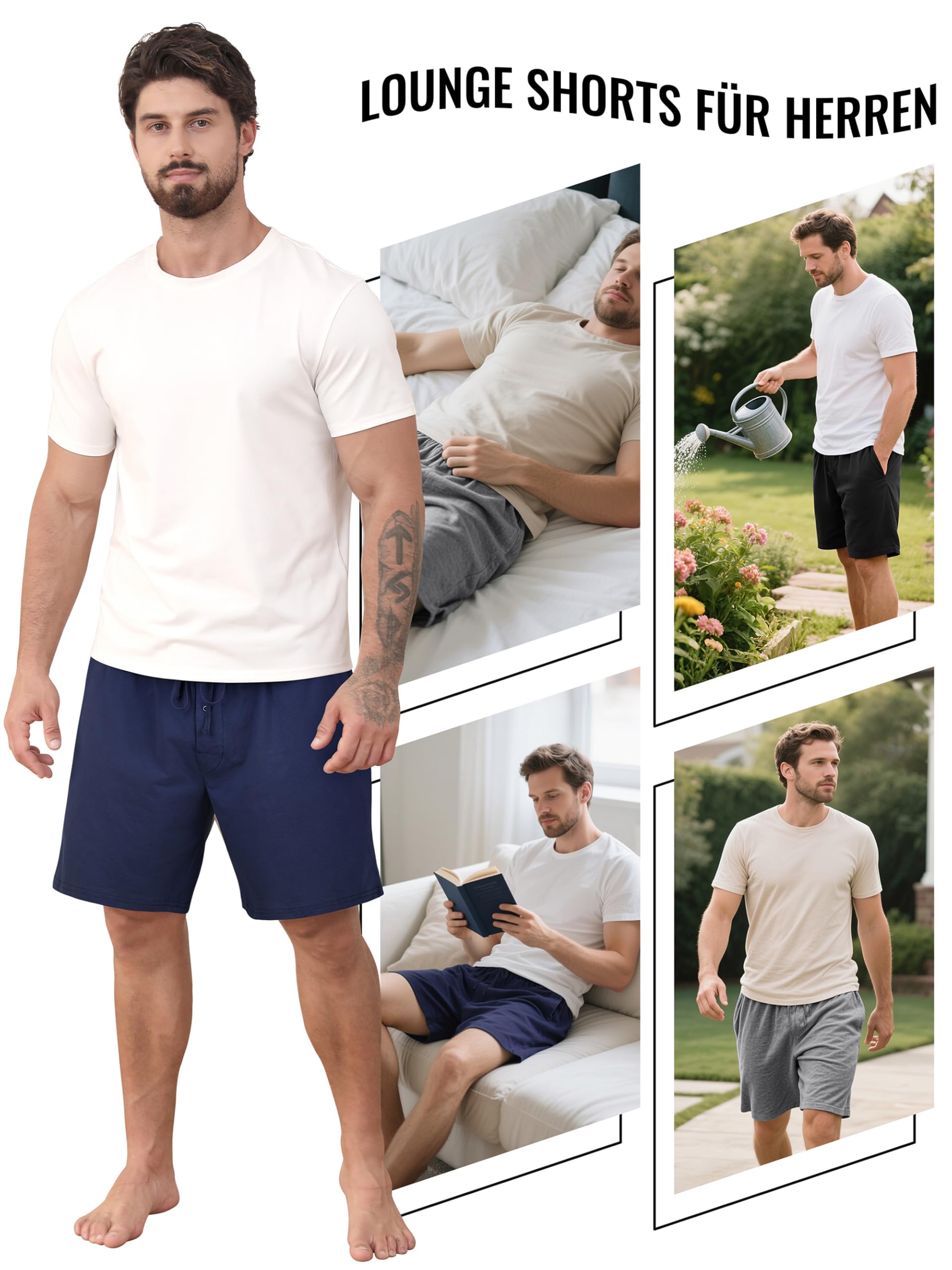 IHU 3er Pack Schlafanzughose Herren Kurz Baumwolle Sommer Kurze Schlafhose Pyjama-Hose Loungehose mit Elastischem Bund und Taschen