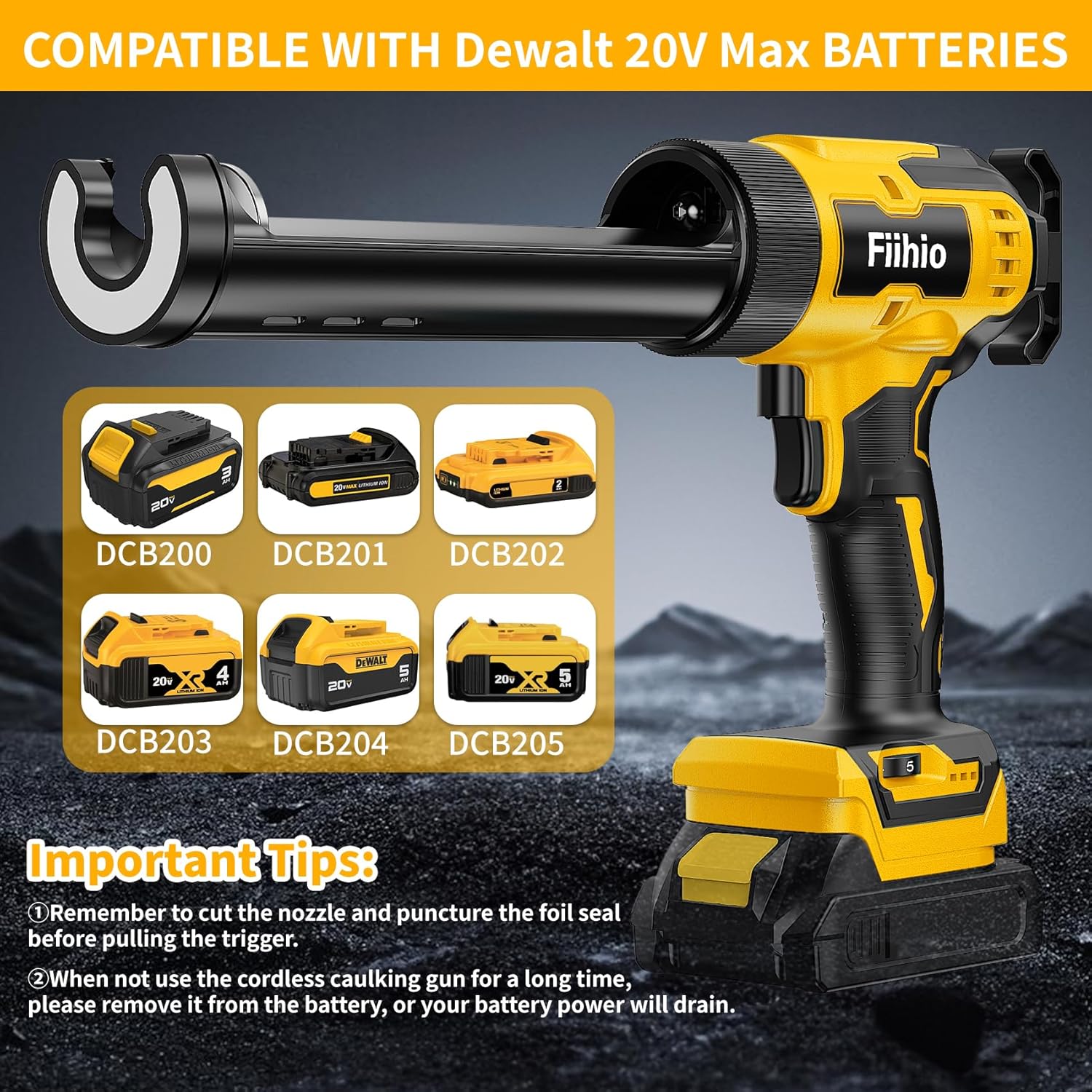 Cordless Caulking Gun Compatible with Dewalt 20V Max Battery,10 OZ Electric Caulk Gun with LED Light, LCD Display, 6 Adjustable Speeds for Floor, Wall Tile Filling, Yellow (No Battery)