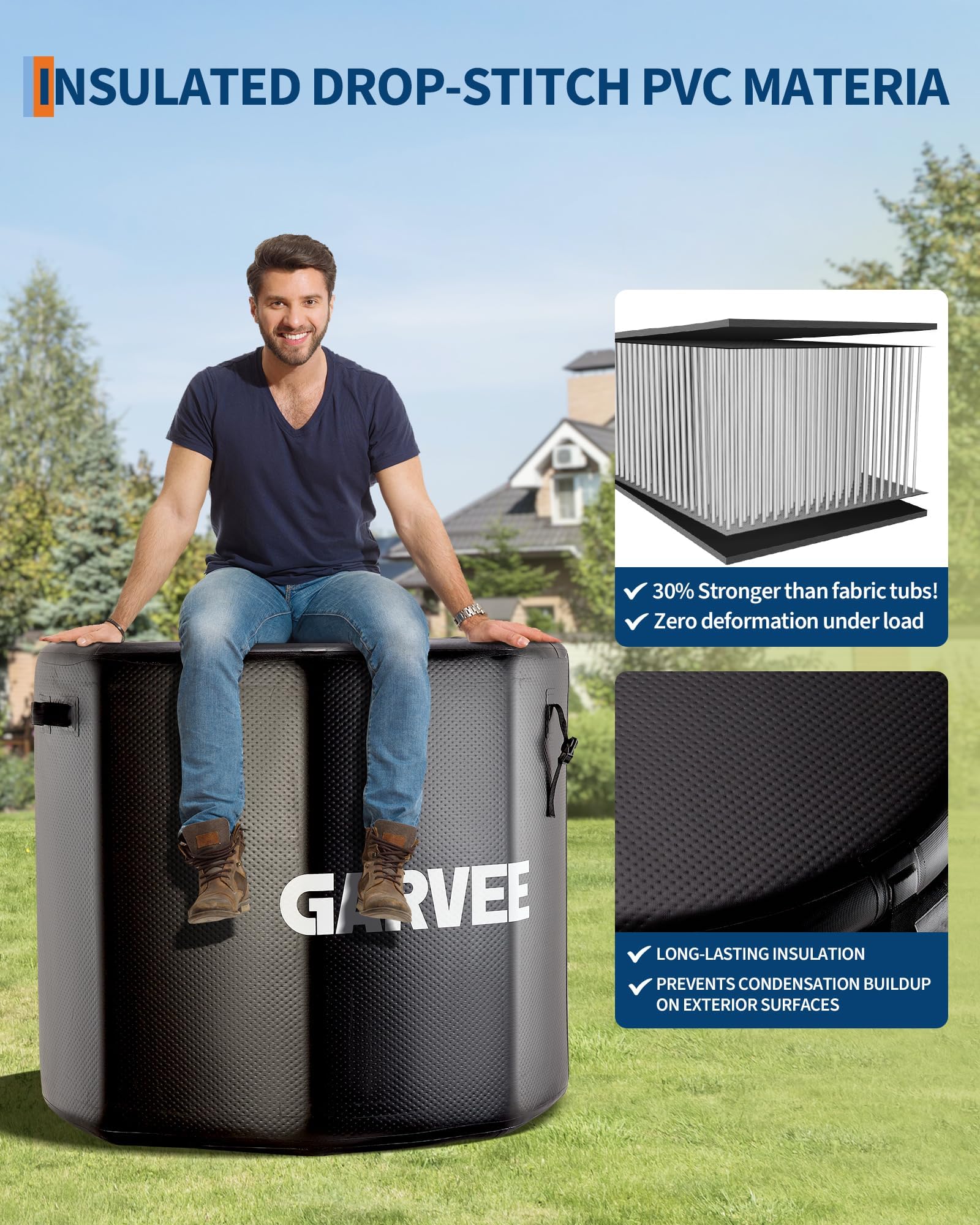 Garvee baquet à glace gonflable pour sportifs 700L, Récupération musculaire rapide – Couvercle isolant, compatible refroidisseur d'eau, usage intérieur/extensionérieur – Bain froid portable